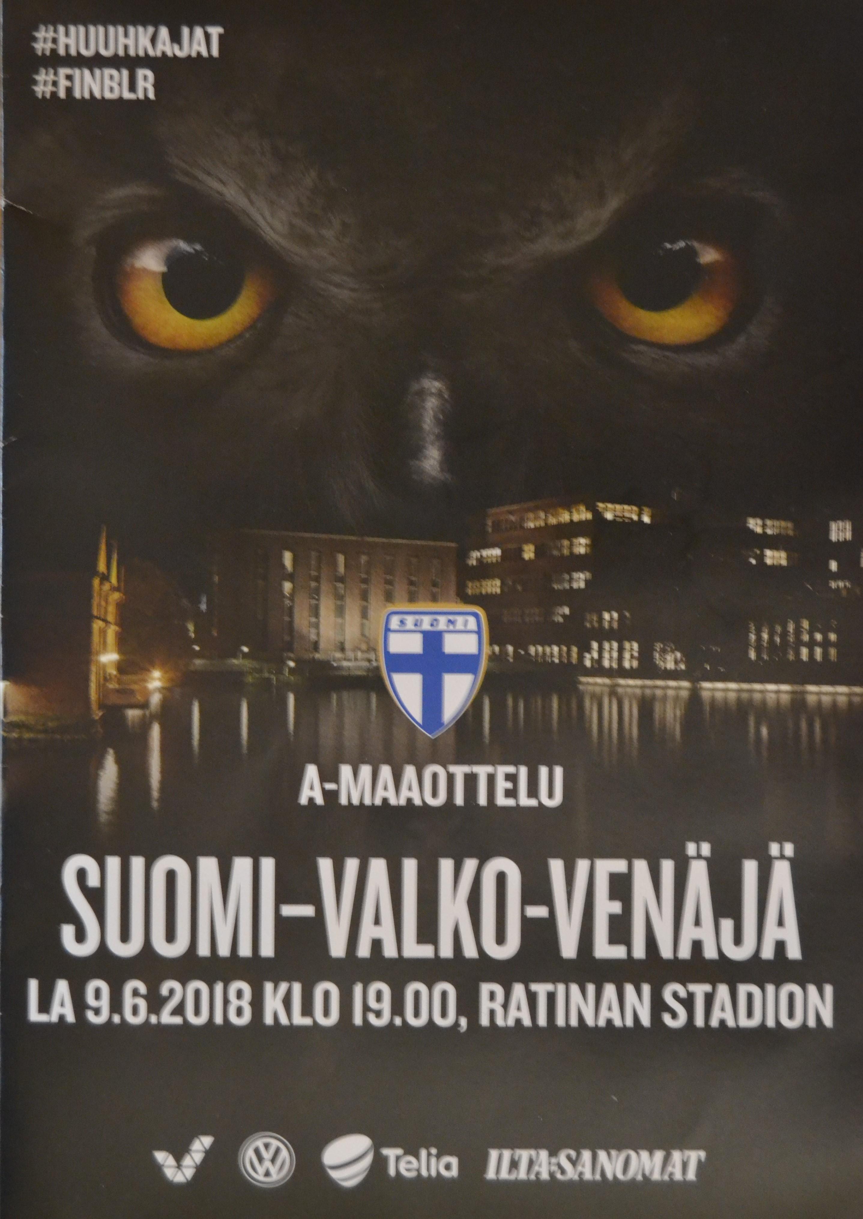 Otteluohjelma tai lippu ottelusta Suomi - Valko-Venäjä 09.06.2018