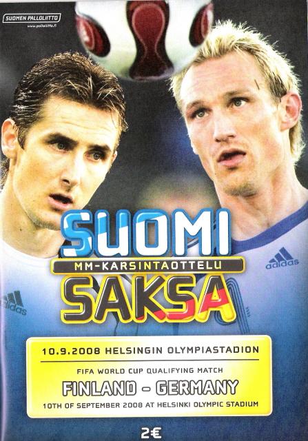 Otteluohjelma tai lippu ottelusta Suomi - Saksa 10.09.2008