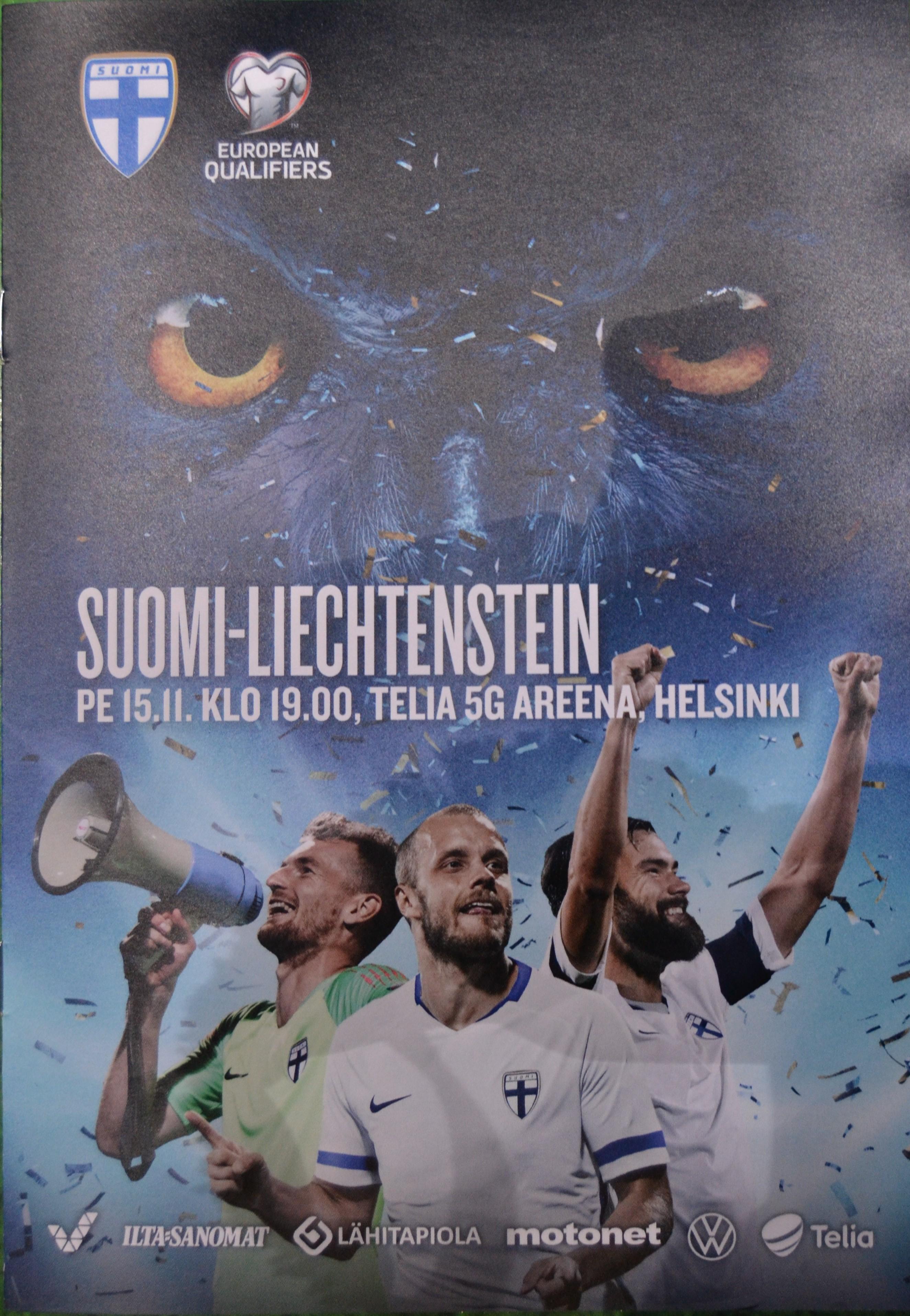 Otteluohjelma tai lippu ottelusta Suomi - Liechtenstein 15.11.2019