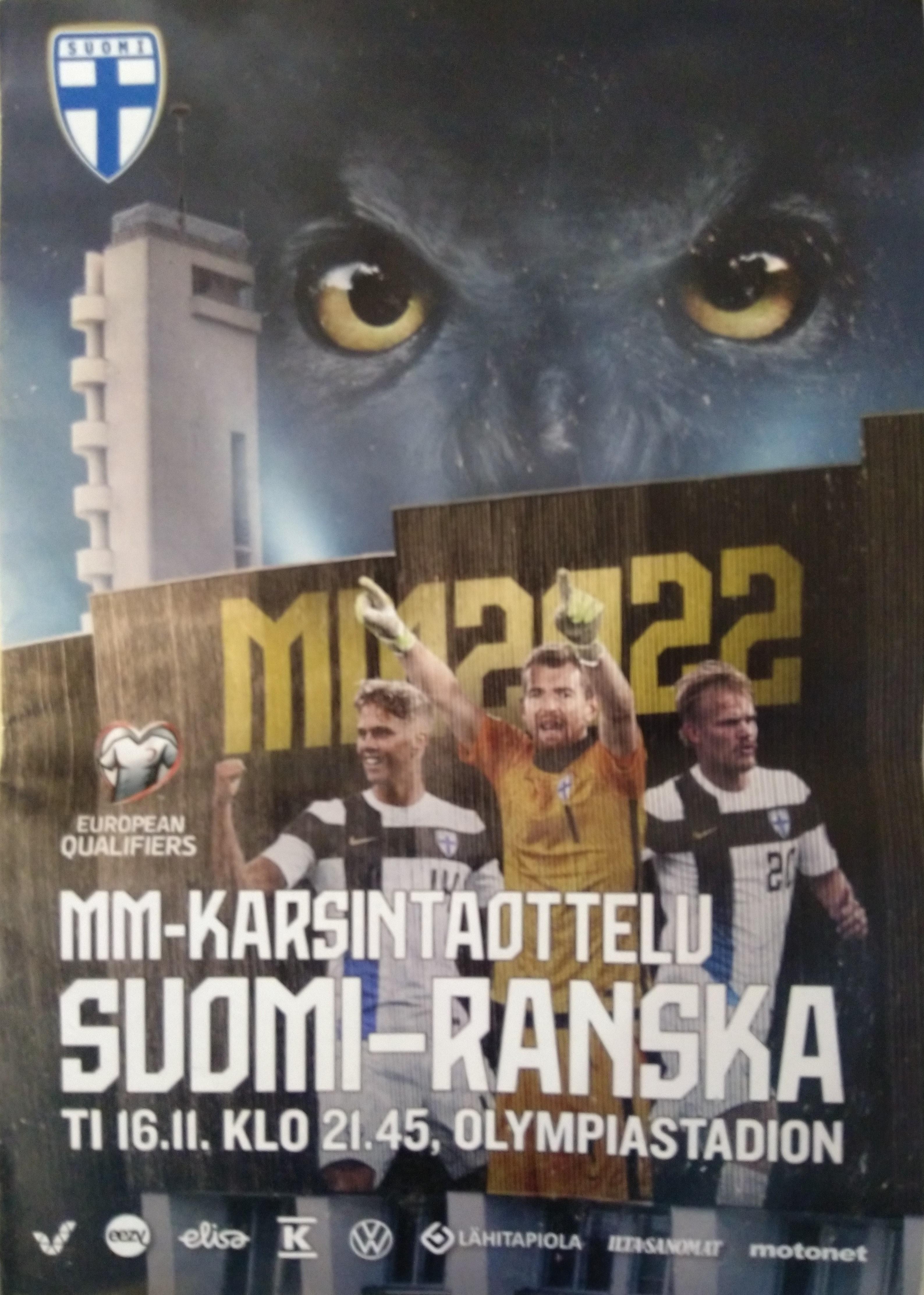 Otteluohjelma tai lippu ottelusta Suomi - Ranska 16.11.2021