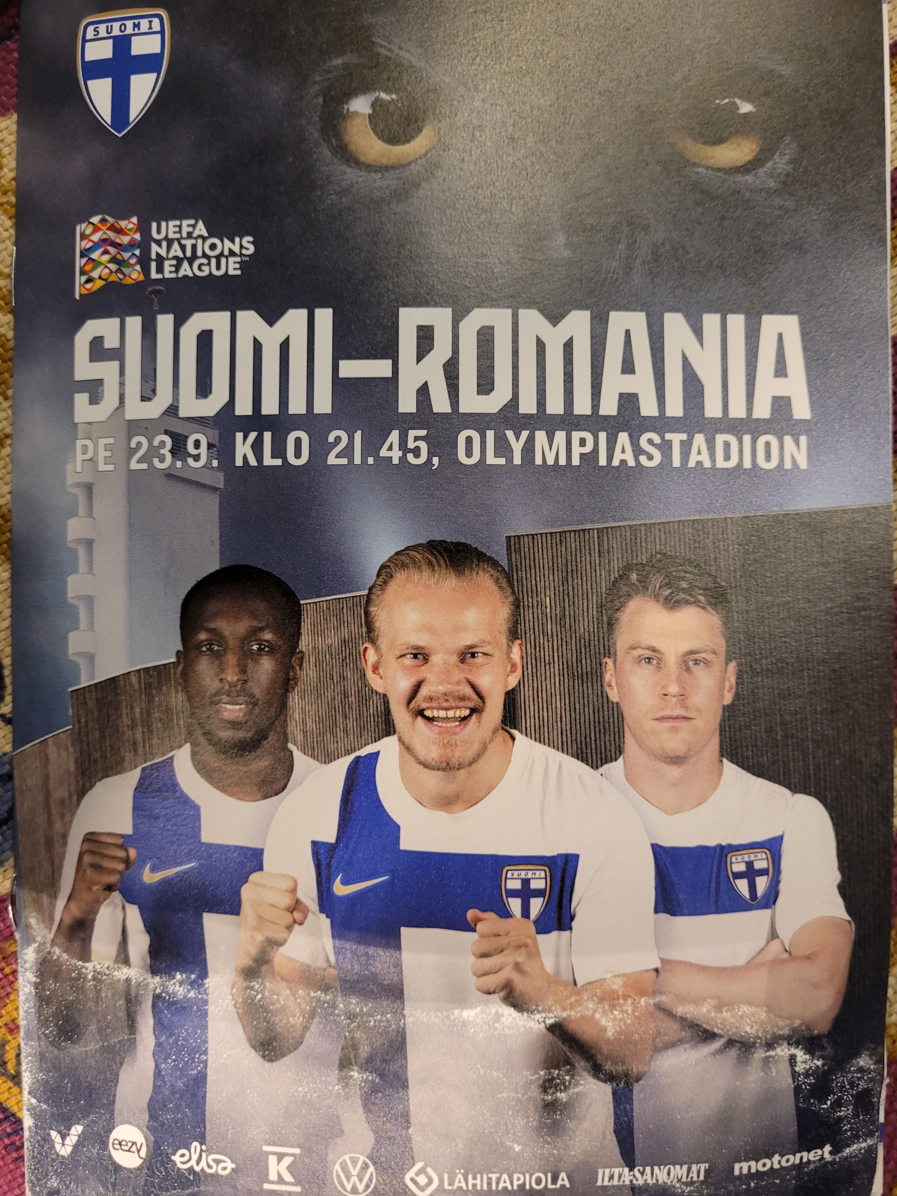 Otteluohjelma tai lippu ottelusta Suomi - Romania 23.09.2022
