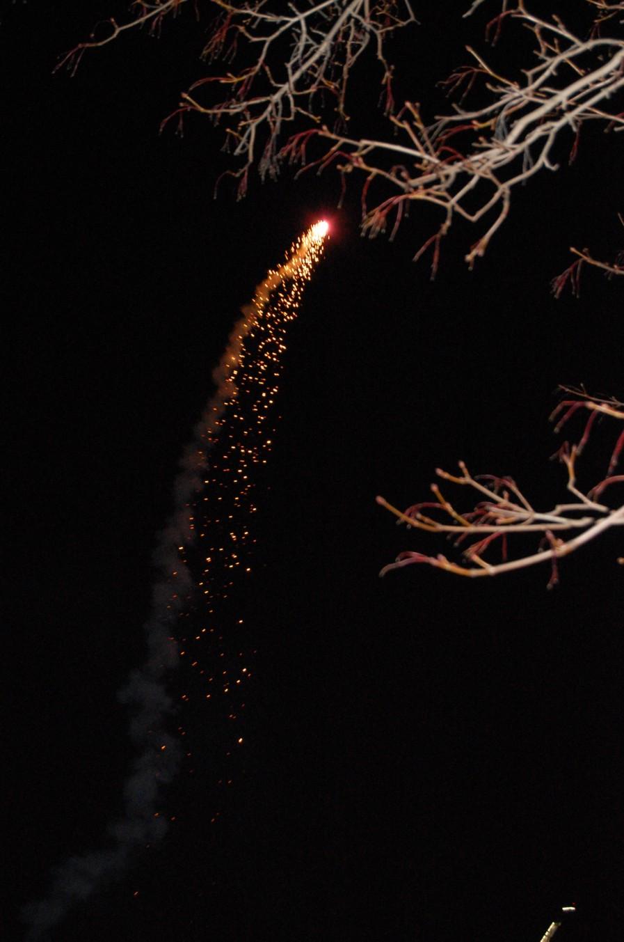 Ilotulitusraketti nousee kipinöiden yötaivaalle puun oksien vieressä Kisapuistossa, 31.12.2008
