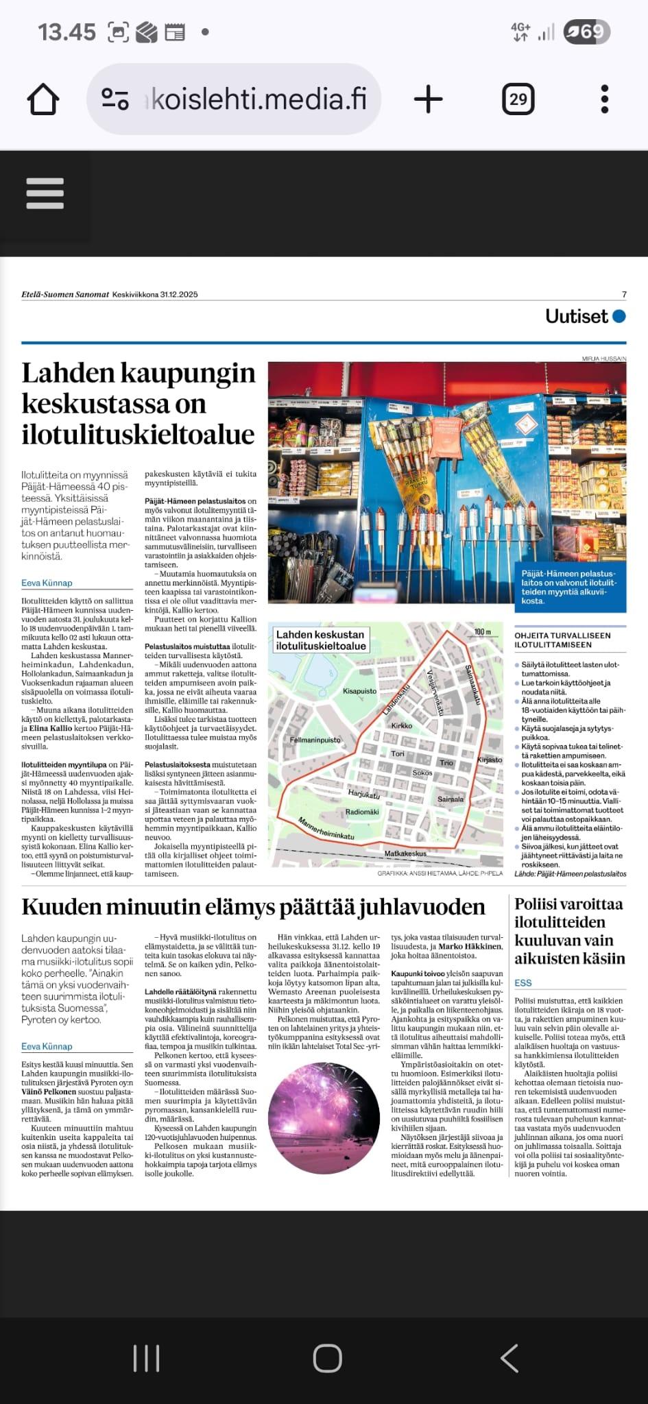 Etelä-Suomen Sanomien sivu 31.12.2025: uutiset Lahden keskustan ilotulituskieltoalueesta ja uudenvuoden musiikki-ilotulituksesta