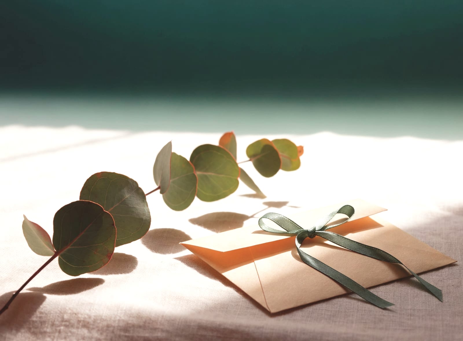 A sprig of eucalyptus laid on a kraft envelope