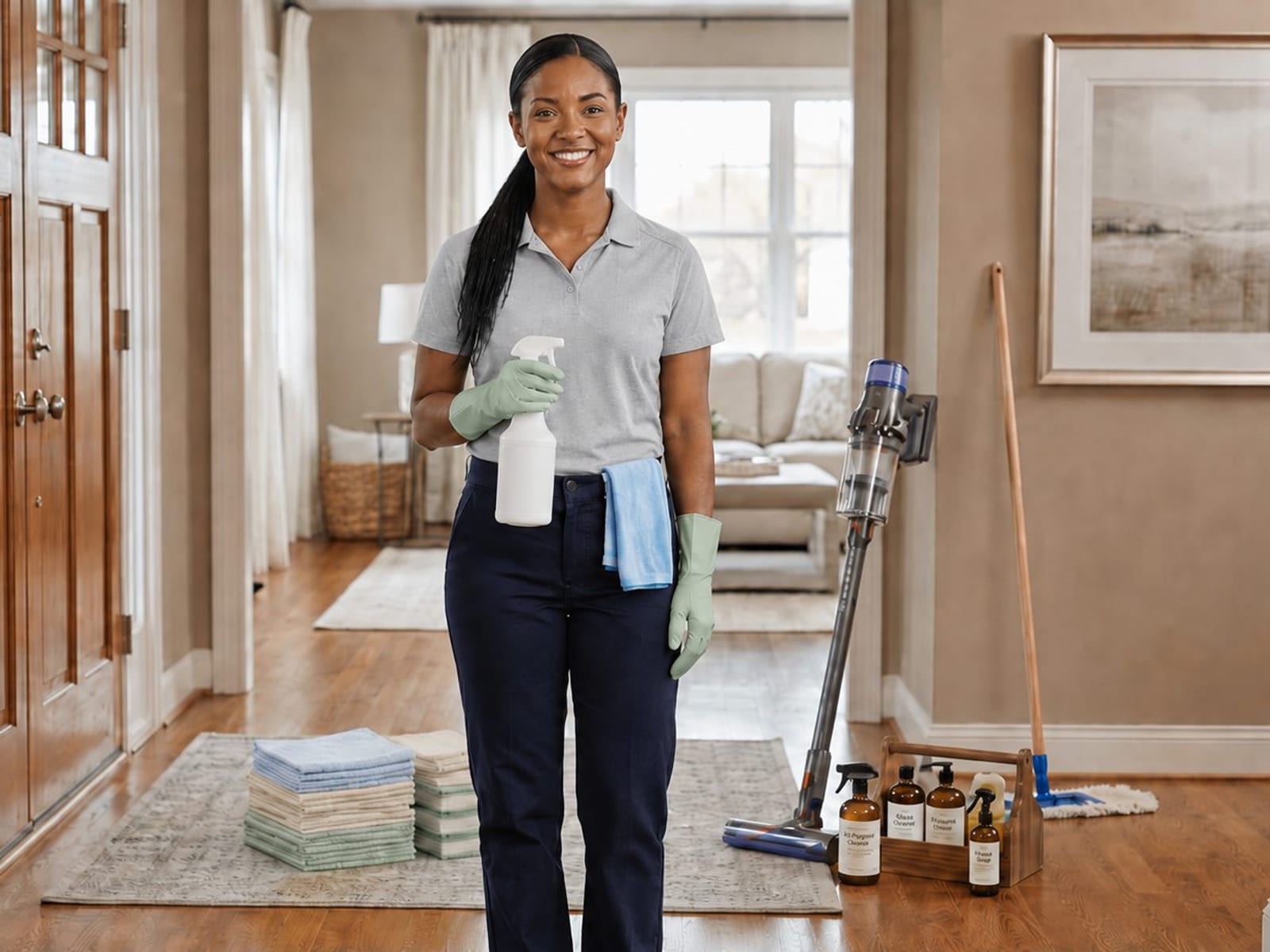 Naperville Clean cleaner in uniform with a vacuum in a warm living room