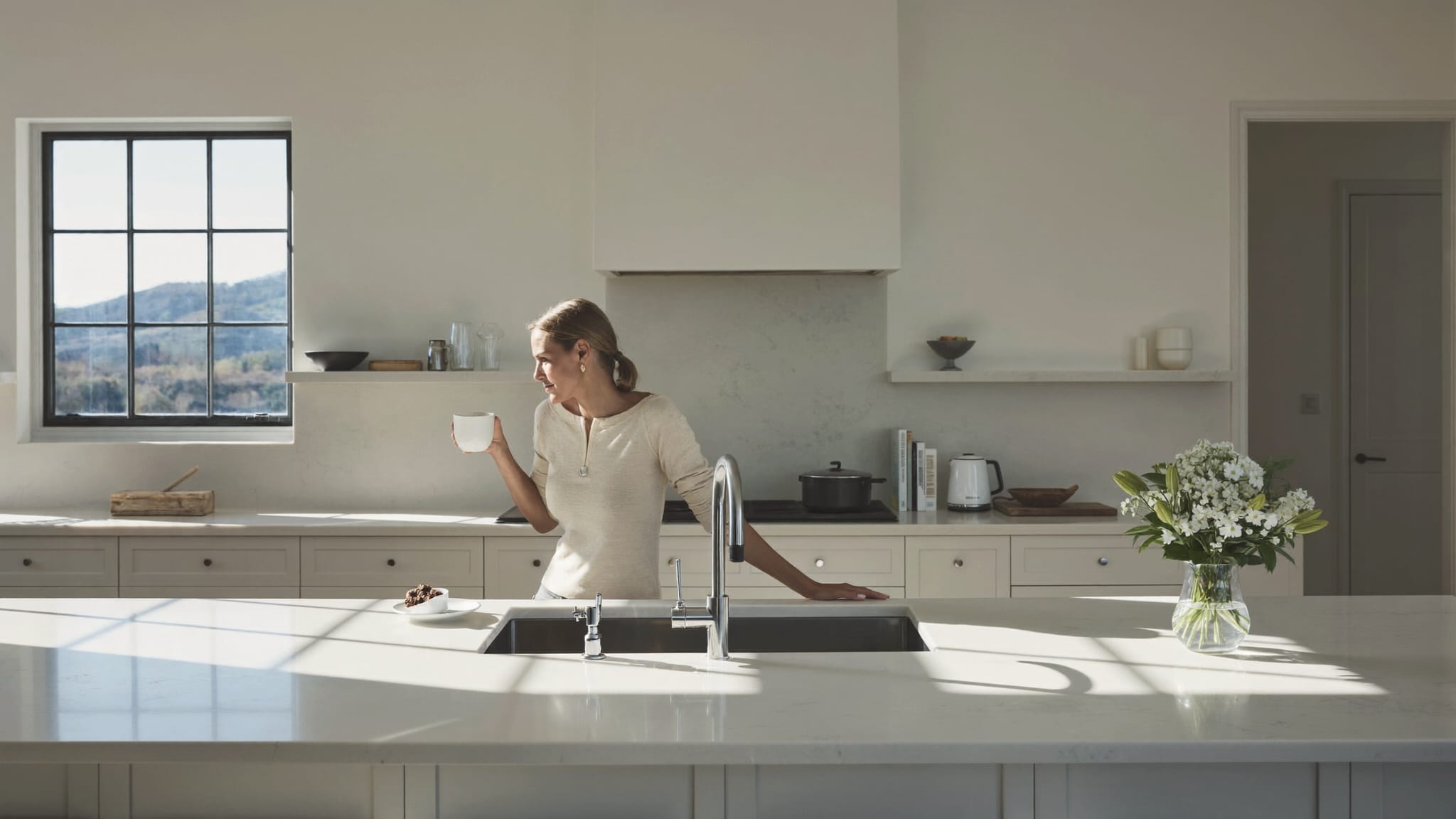 A woman with a mug at her kitchen island, looking out of the window