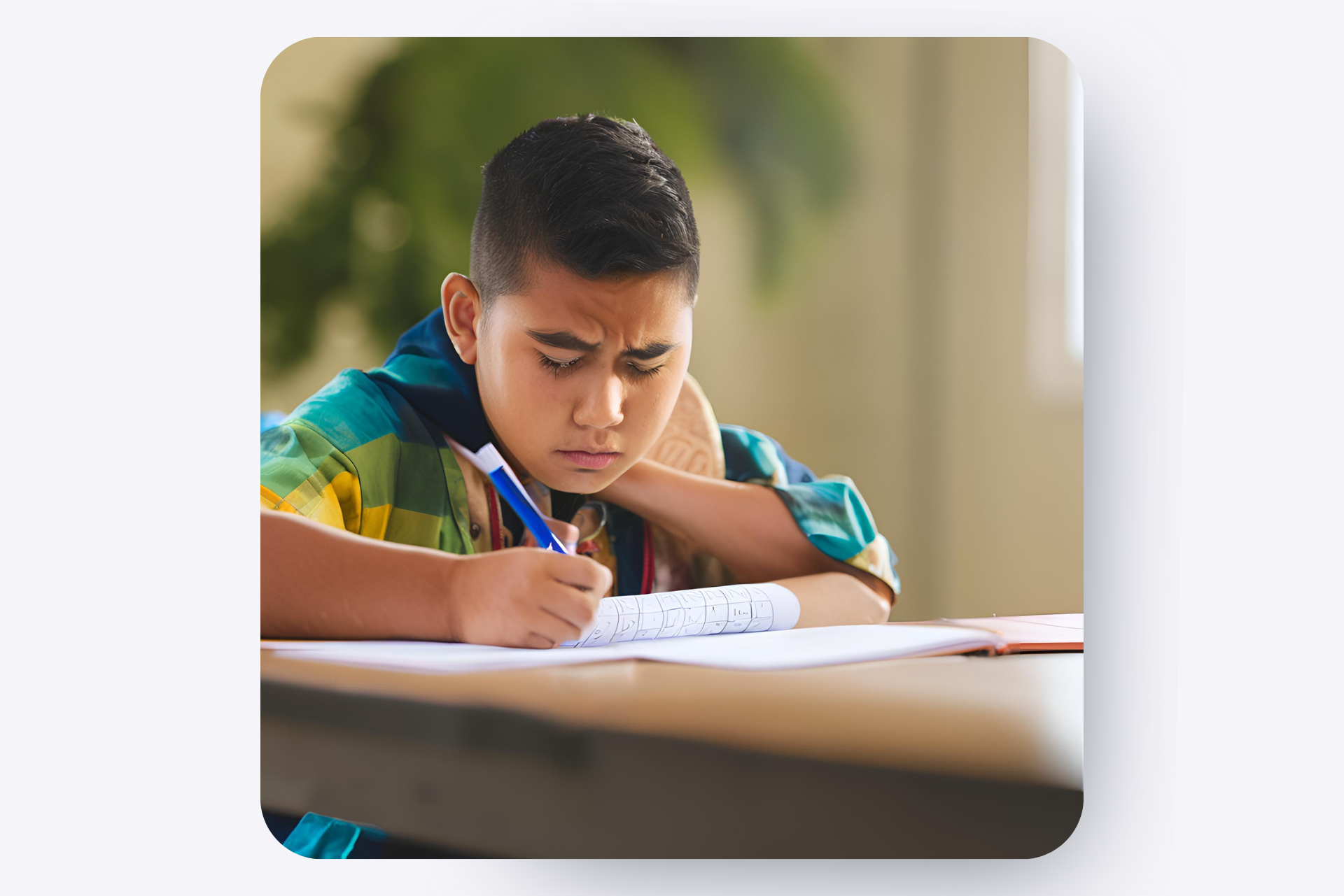 Boy struggling on math homework.