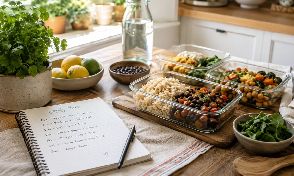 Ingredientes variados y recipientes para organizar las comidas de la semana.