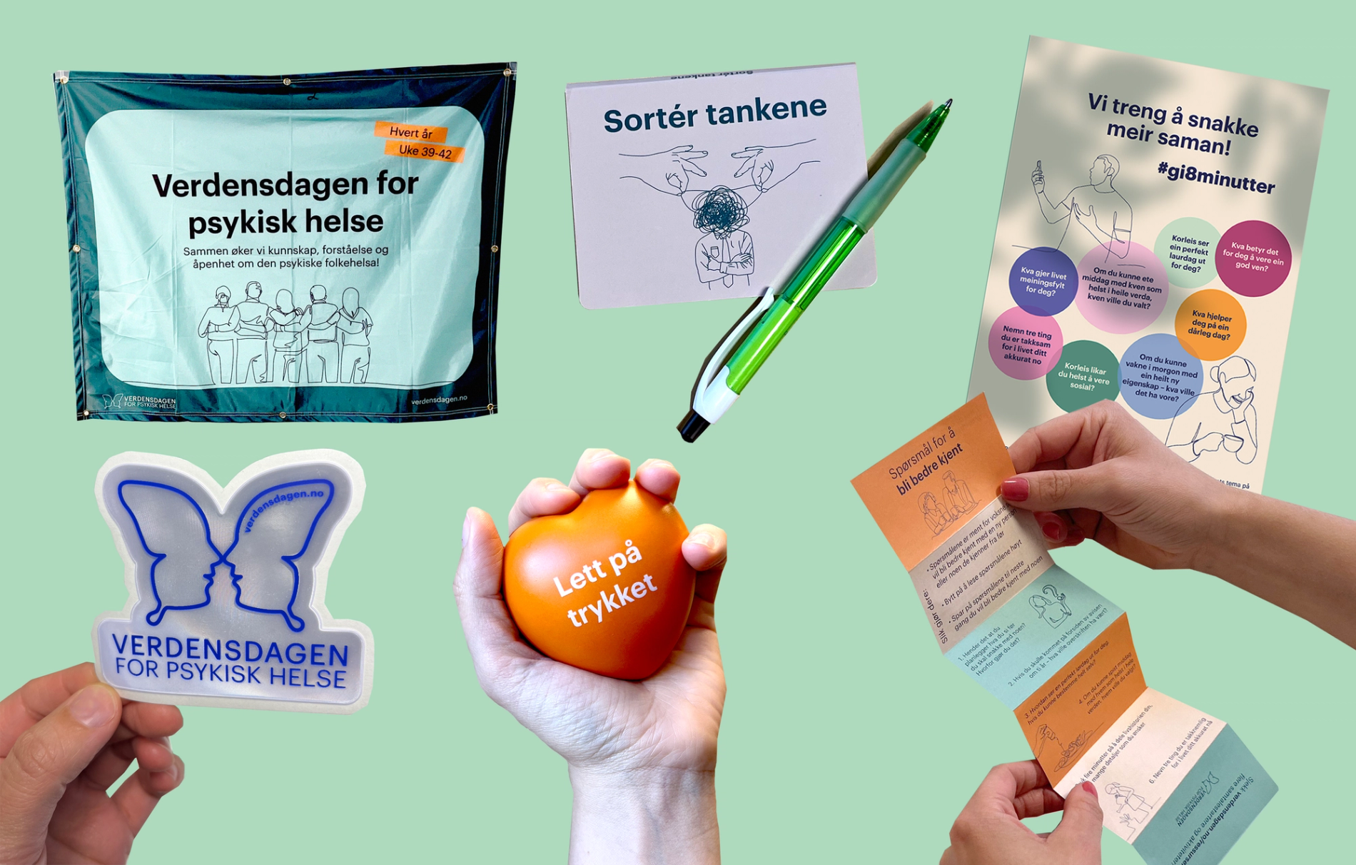 Kollasje av produktene i årets materiellpakke for Verdensdagen for psykisk helse. Banner, refleks, hjerte, notatblokk, plakat og samtalefolder!