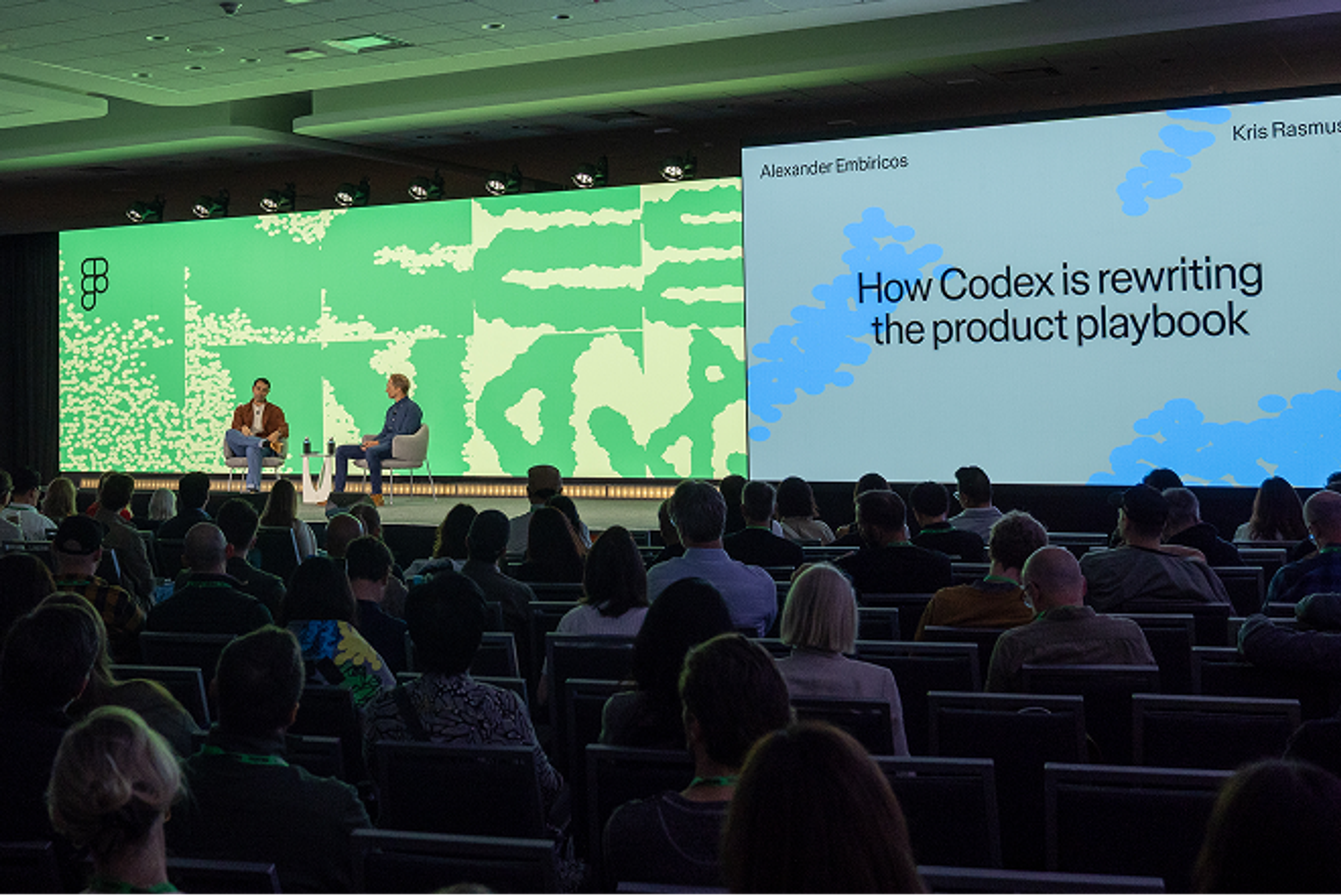Two speakers on stage at Config in conversation about Codex