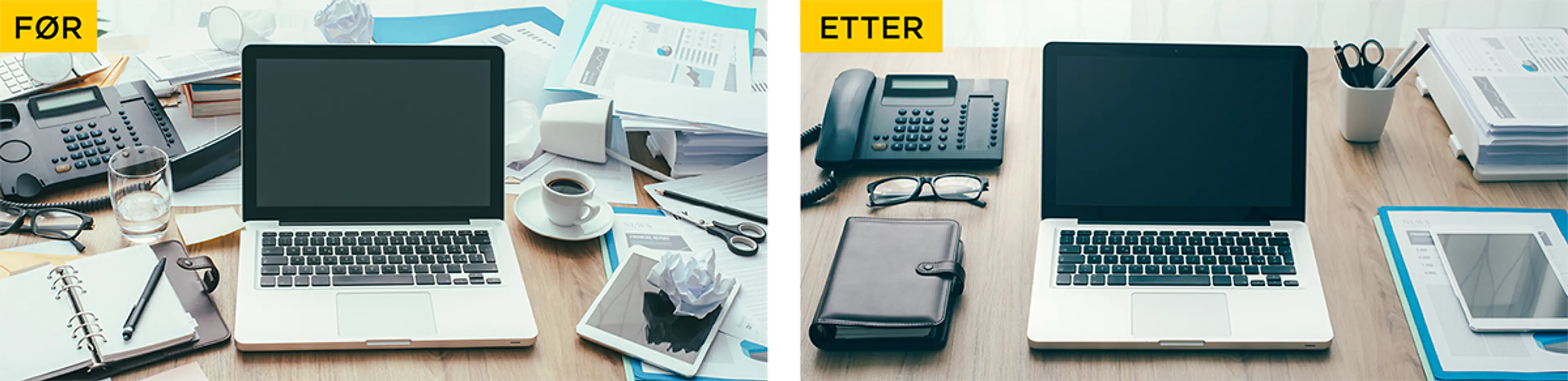Kontorpult før og etter Lean 5S