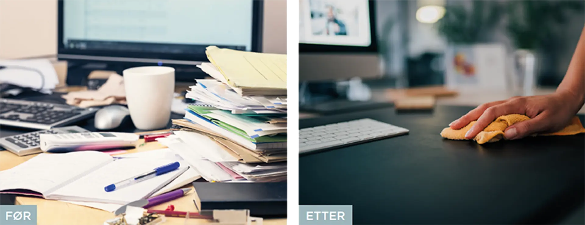 Kontorpult før og etter Lean 5S