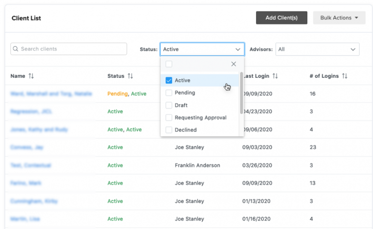 cliest list with filters