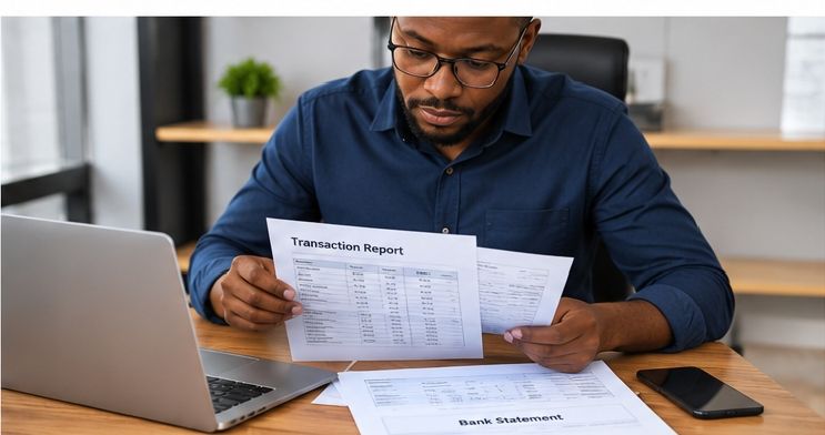 A business owner reviewing transaction reports