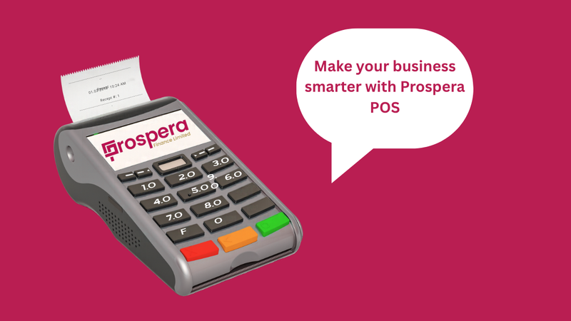 A POS terminal with "make your business smarter with Prospera POS" caption