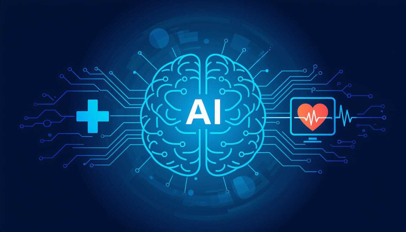 Abstract representation of AI assisting clinicians and healthcare operations
