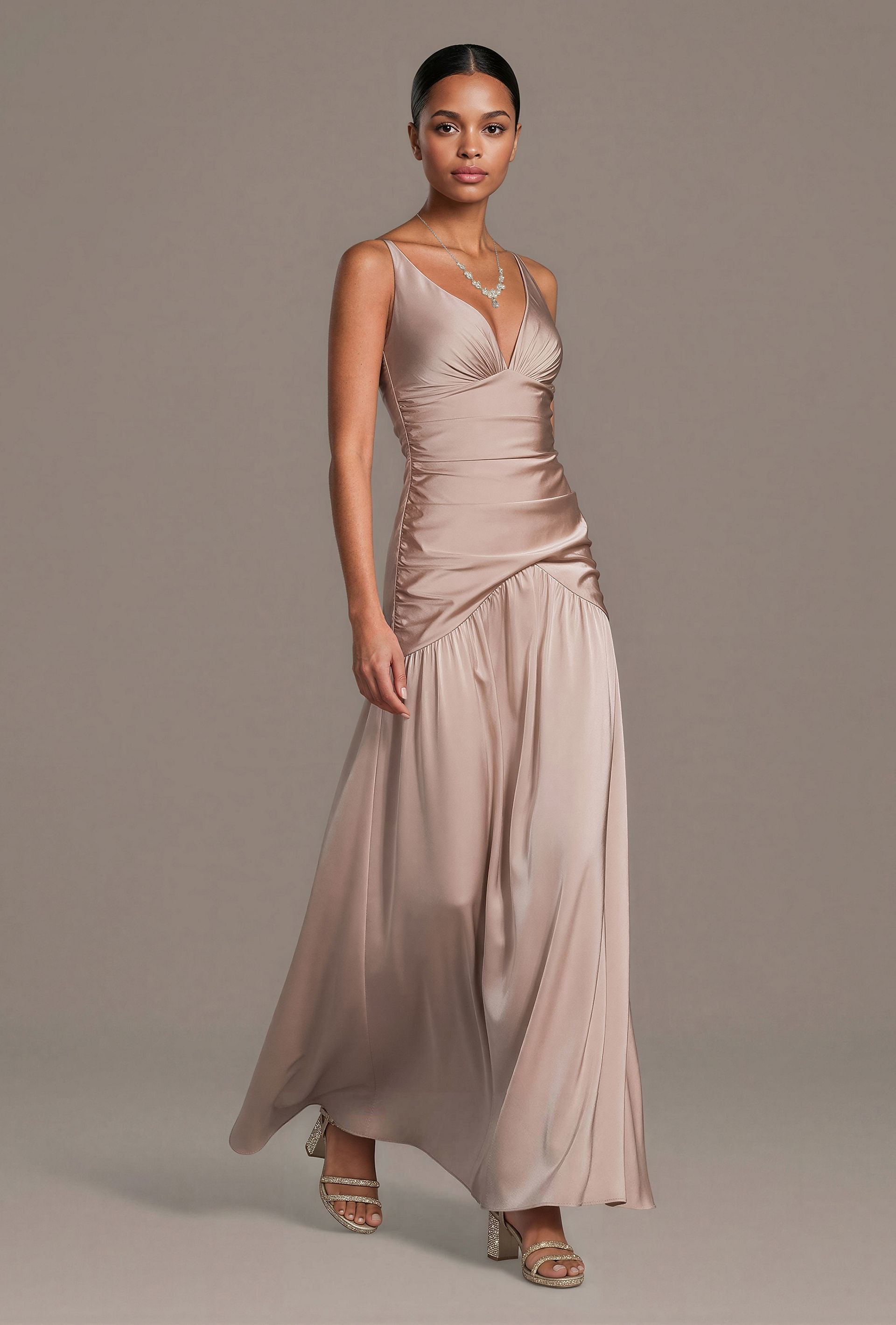 Matte Satin Drop Waist V-Neck Tank Dress