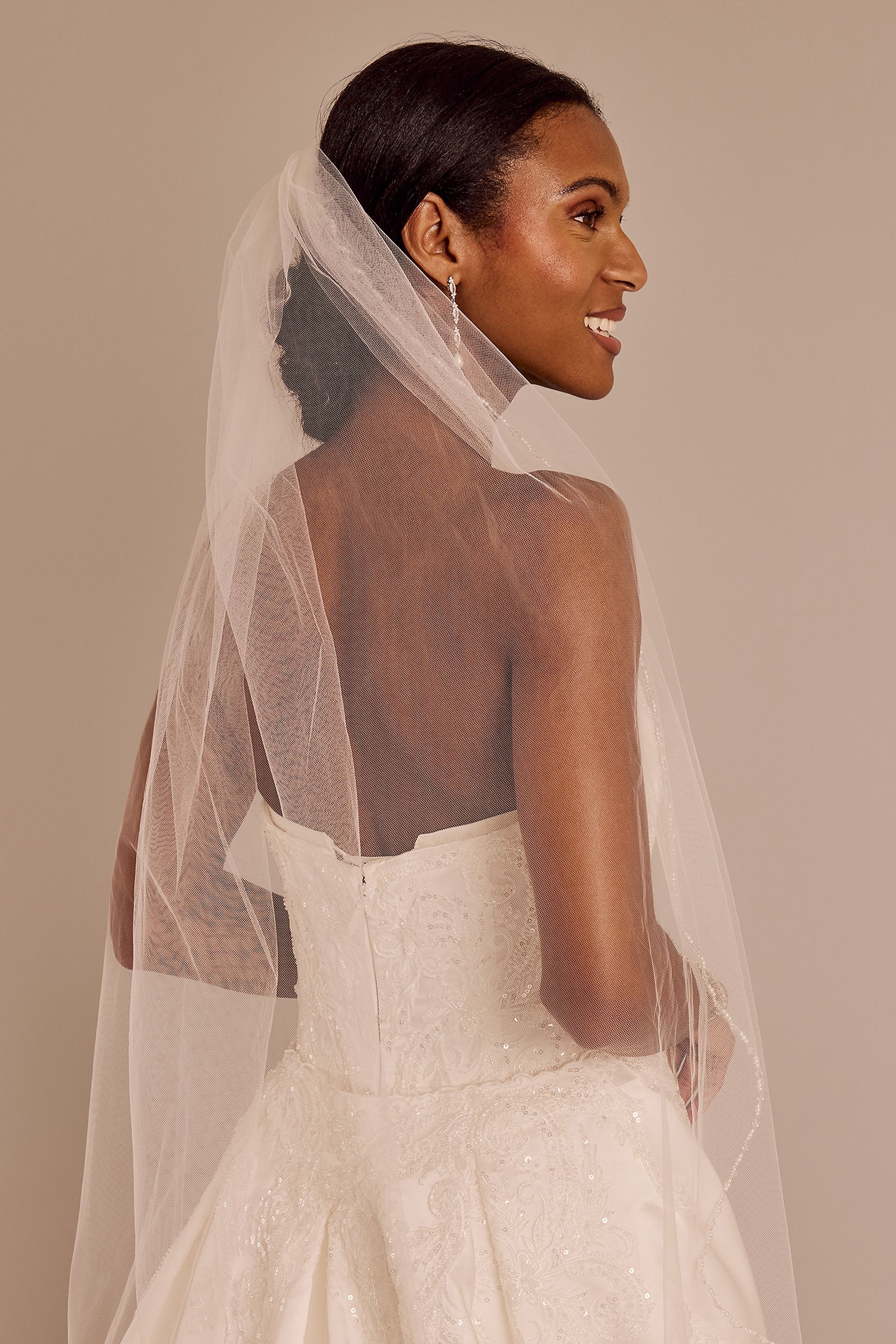 Beaded and Pearled Trim Mid Length Veil | David's Bridal