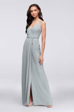 double strap georgette bridesmaid wrap dress Double-Strap Long Draped Bodice Bridesmaid Dress