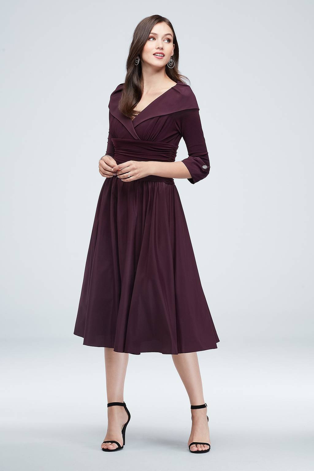 jessica howard portrait-collar a-line dress Jessica Howard Plus Size Jersey Taffeta 3/4 Sleeve Portrait Collar Ruched  A-Line Midi Dress