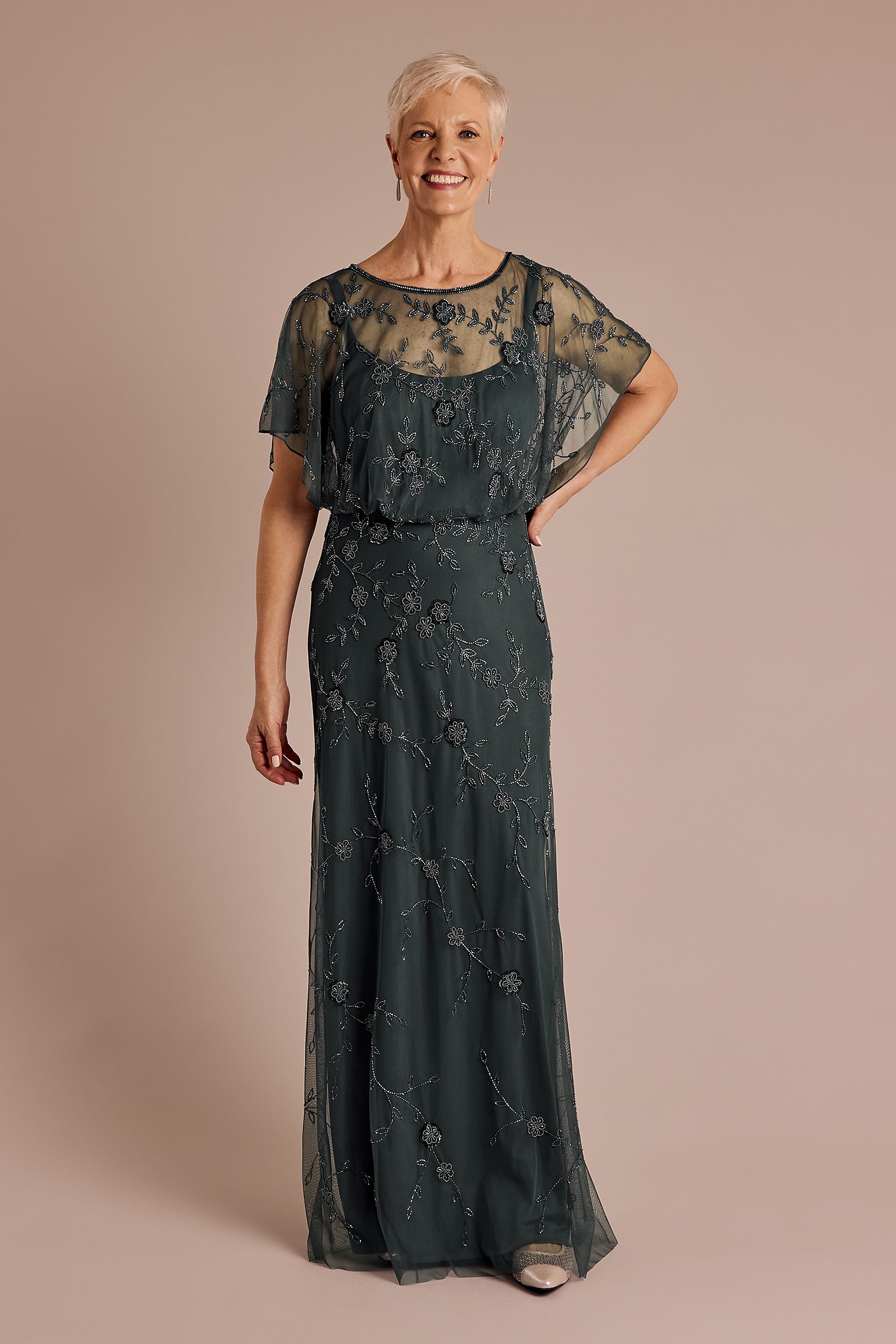Allover Beaded Blouson Sleeve A-Line Dress | David's Bridal