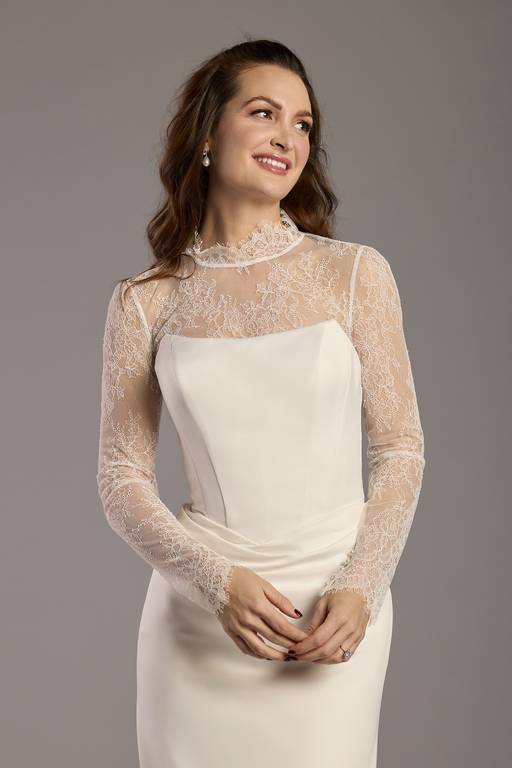 long sleeve chantilly lace wedding dress Lace Short Long Sleeve Bridal Dress by Ladivine WL021