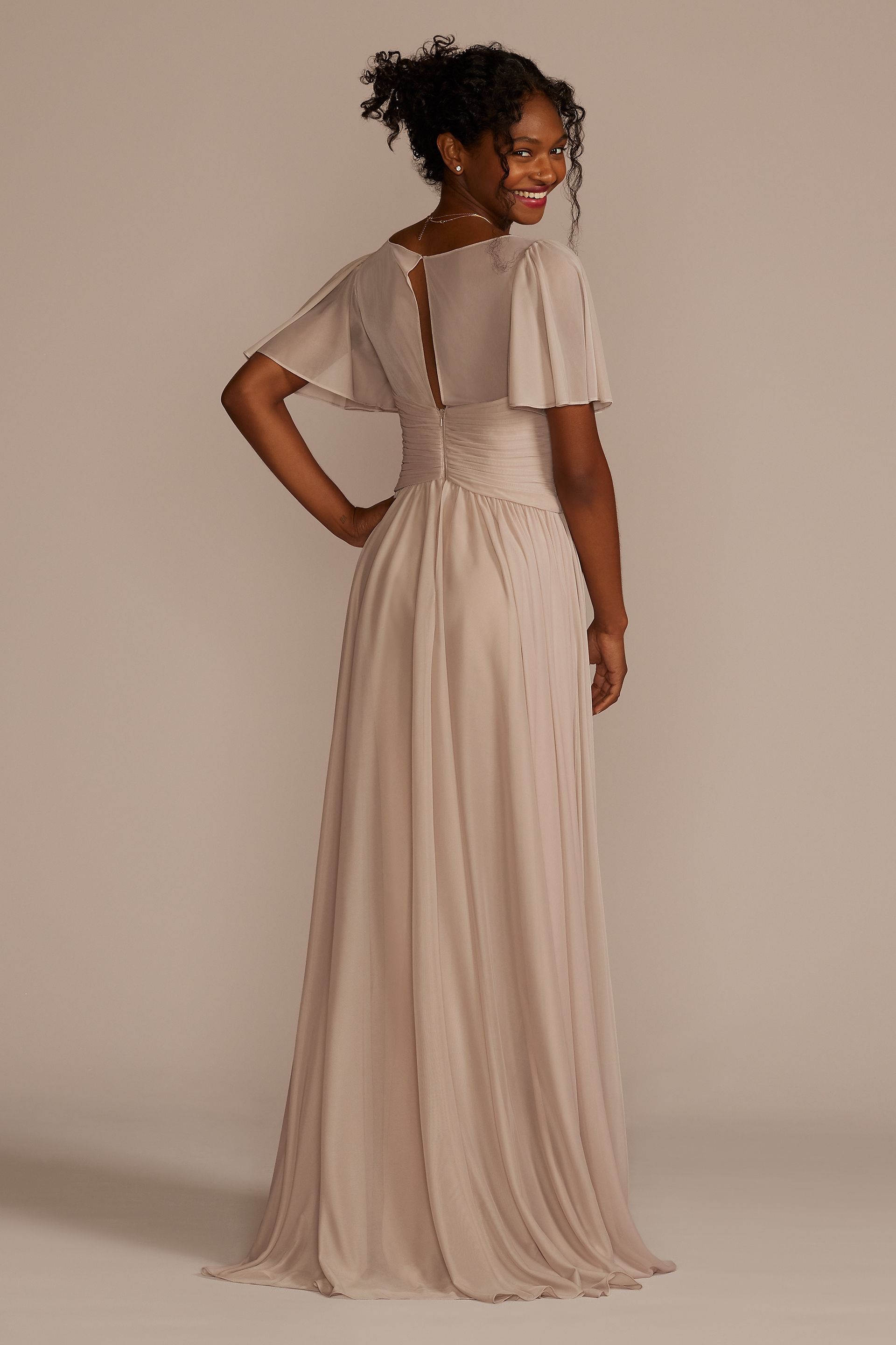 flutter sleeve crisscross mesh bridesmaid dress Formal dress