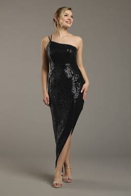 madina black sequin one shoulder bodycon mini dress Zena One-Sleeve Black Sequin Mini Dress