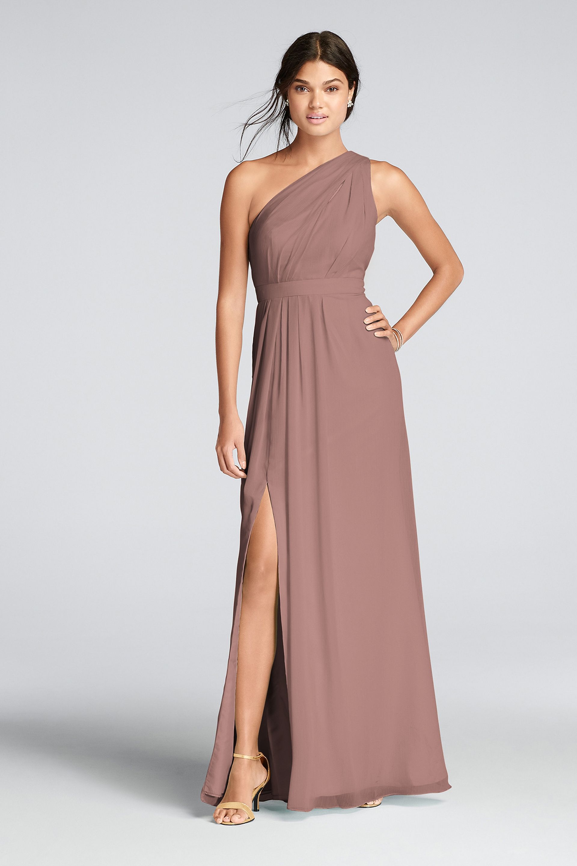 View Celebrate DB Studio Long One-Shoulder Crinkle Chiffon Dress in all available color and sizes Picture of Long One-Shoulder Crinkle Chiffon Dress