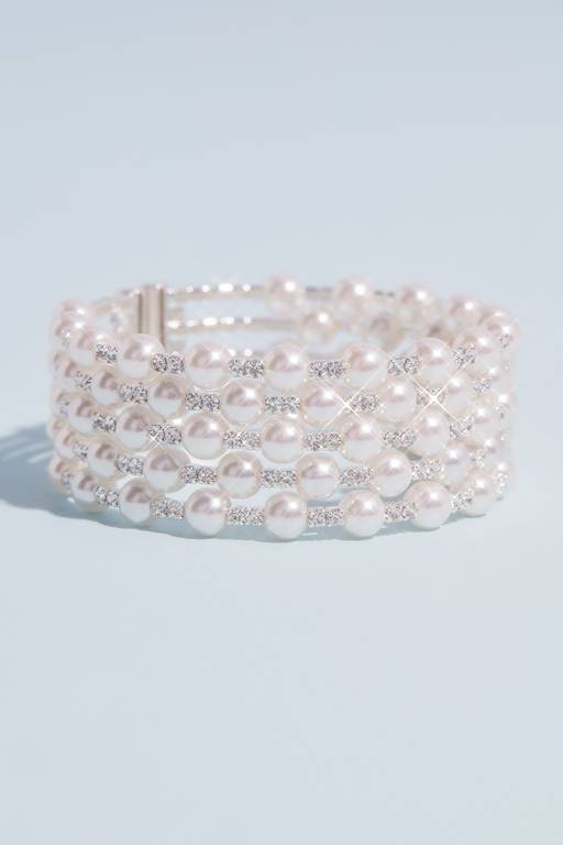 Multi Strand Crystal and Pearl Stack Cuff Bracelet | David