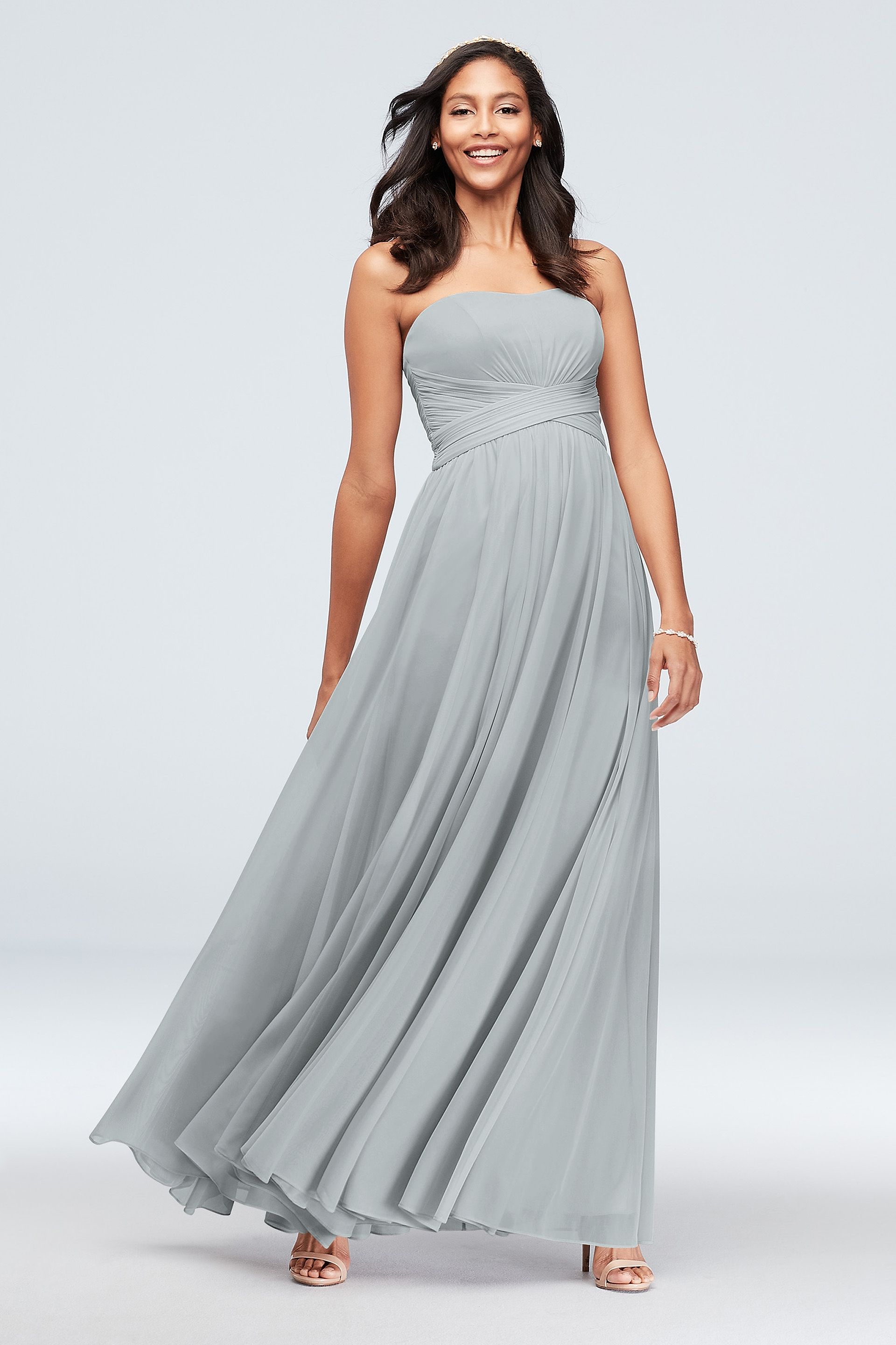 Mesh Cross Waist Strapless Bridesmaid Dress
