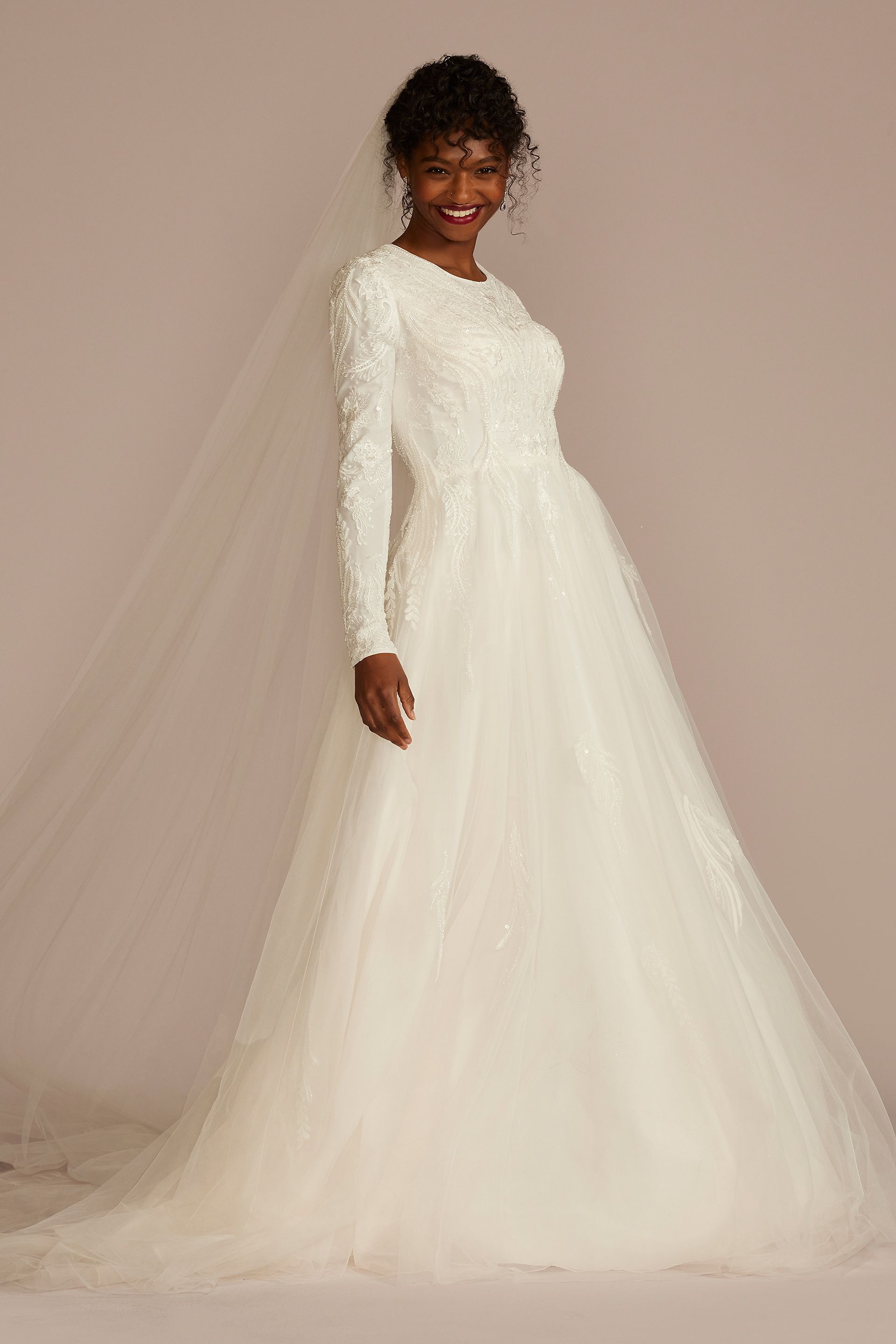 Lace Applique Tulle A-Line Modest Wedding Dress | David's Bridal