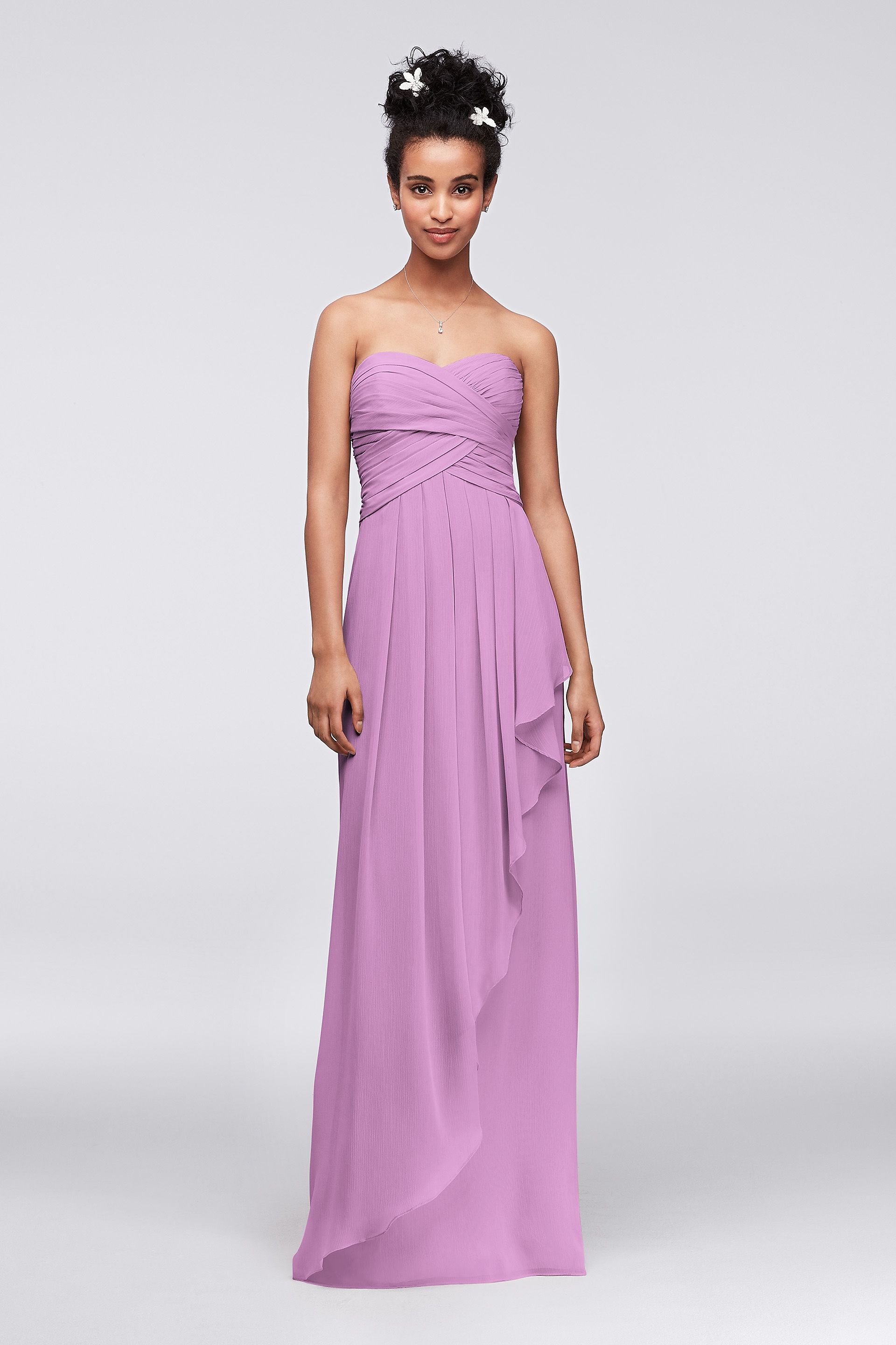 strapless crinkle chiffon dress with cascade skirt David's Bridal Strapless Crinkle Chiffon Dress W/Cascade Skirt Wisteria  Wine 10