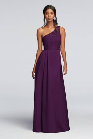 View David's Bridal Long Illusion Lace and Satin Dress in all available color and sizes Picture of Long Illusion Lace and Satin Dress