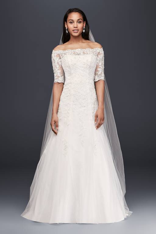 off the shoulder 3 4 sleeve wedding dress 3/4 Sleeve Off the Shoulder Sheath Lace Wedding Dresses with See Through Top AWD1270
