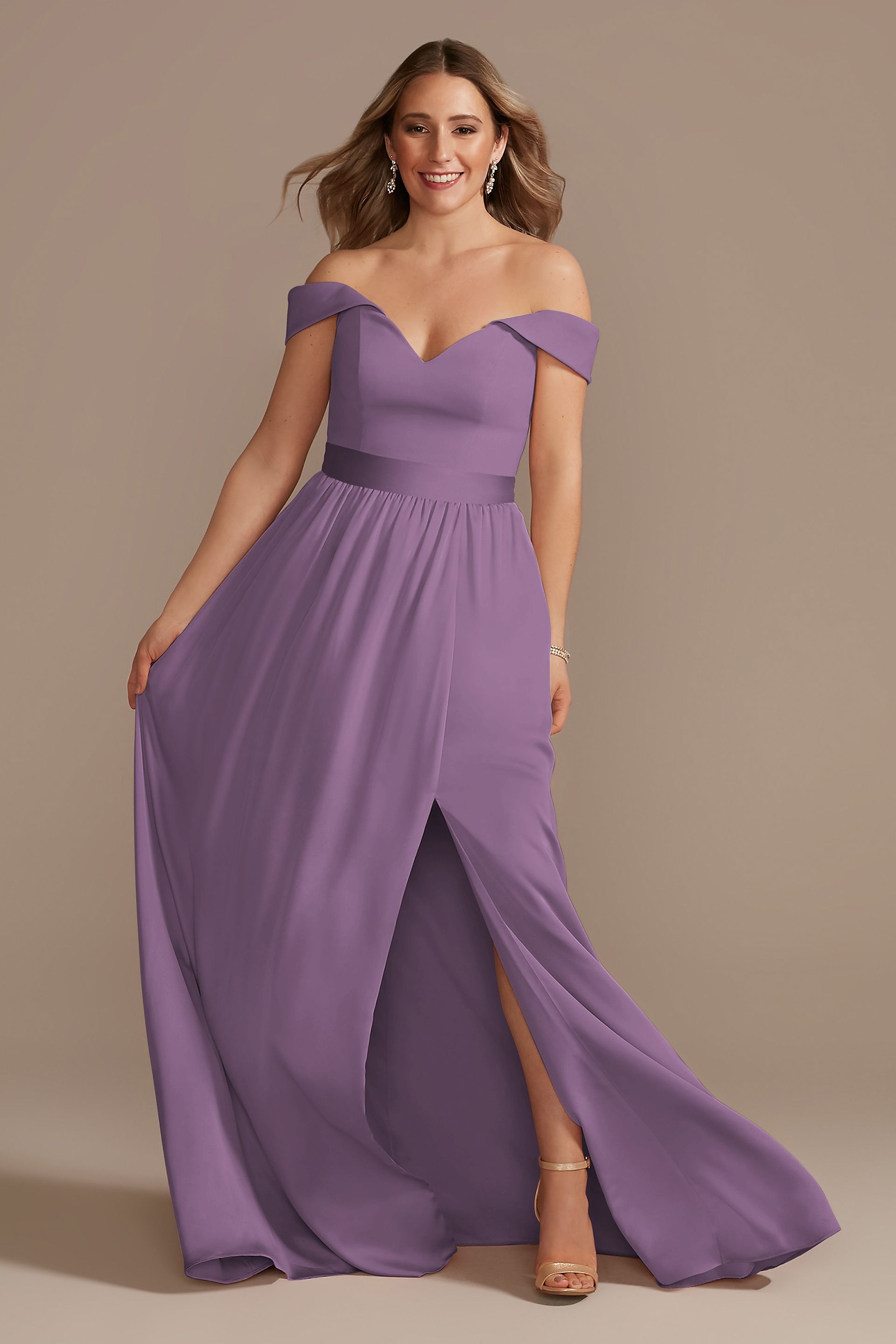 lace crepe off the shoulder bridesmaid dress P206065 Off-the-Shoulder Lace & Soft Crepe Long Bridesmaid Dress