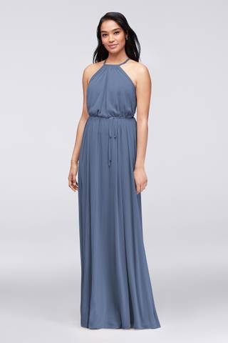Picture of Soft Mesh Halter Bridesmaid Dress with Slim Sash