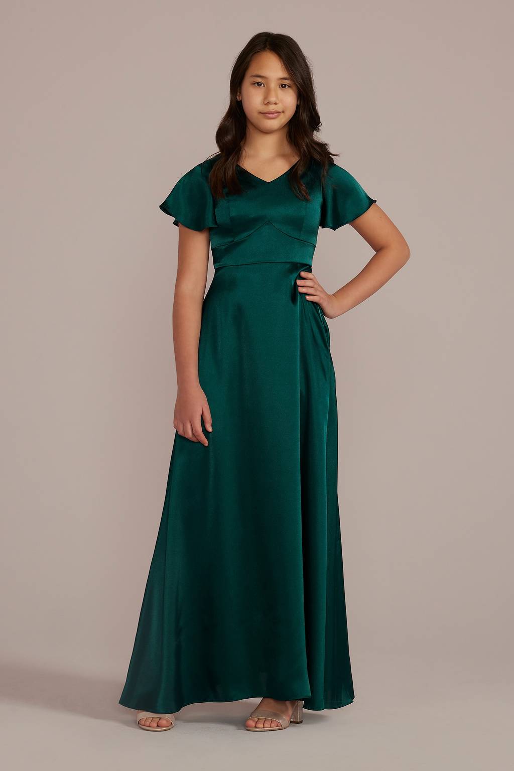charmeuse flutter sleeve a line bridesmaid dress Charmeuse Flutter-Sleeve A-Line Bridesmaid Dress GS290034