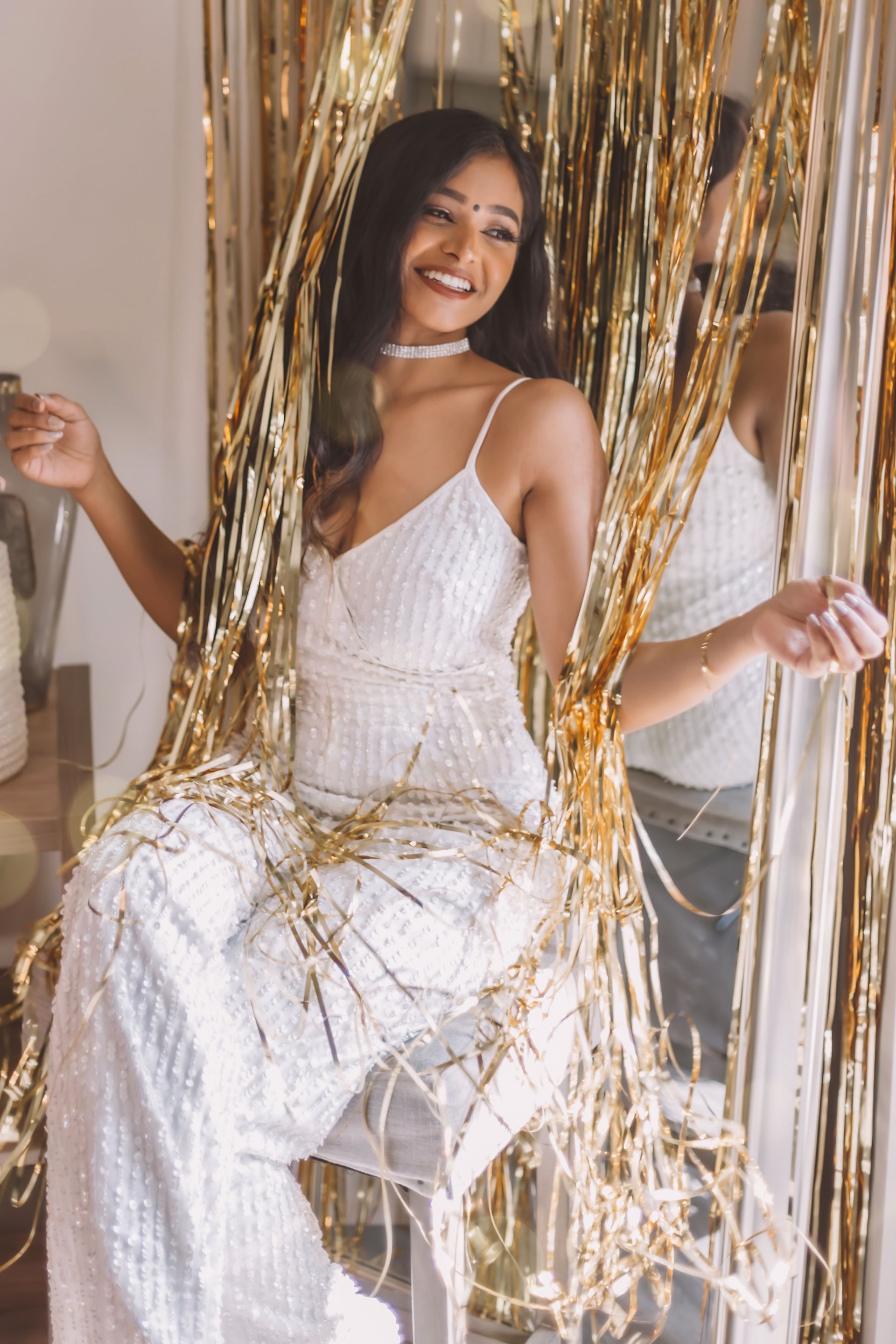 Sequin Spaghetti Strap Blouson Jumpsuit | David's Bridal
