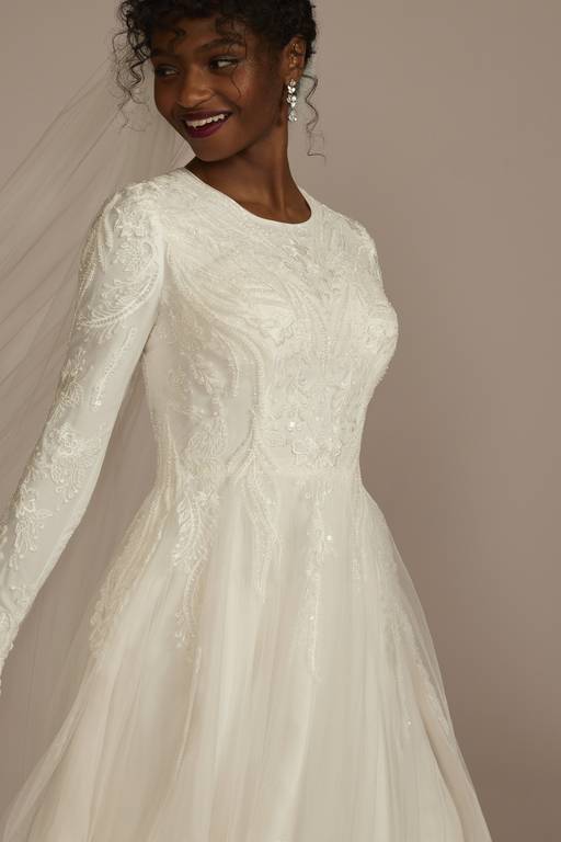 a-line scoop long sleeves floor-length with applique tulle dresses a-line scoop long sleeves floor-length with applique tulle dresses Long Sleeved A Line Plunging