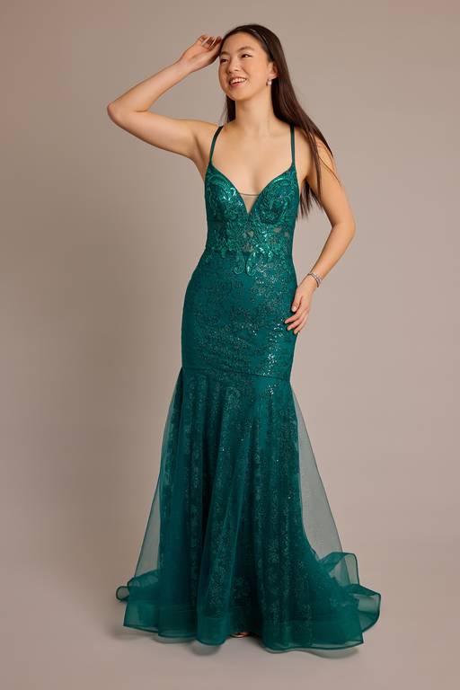 mermaid prom dress david's bridal Patterned Glitter Mermaid Dress with Lace-Up Back
