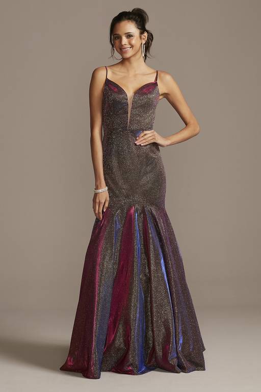 iridescent prom dress david's bridal Plunging-V Iridescent Metallic Trumpet Dress