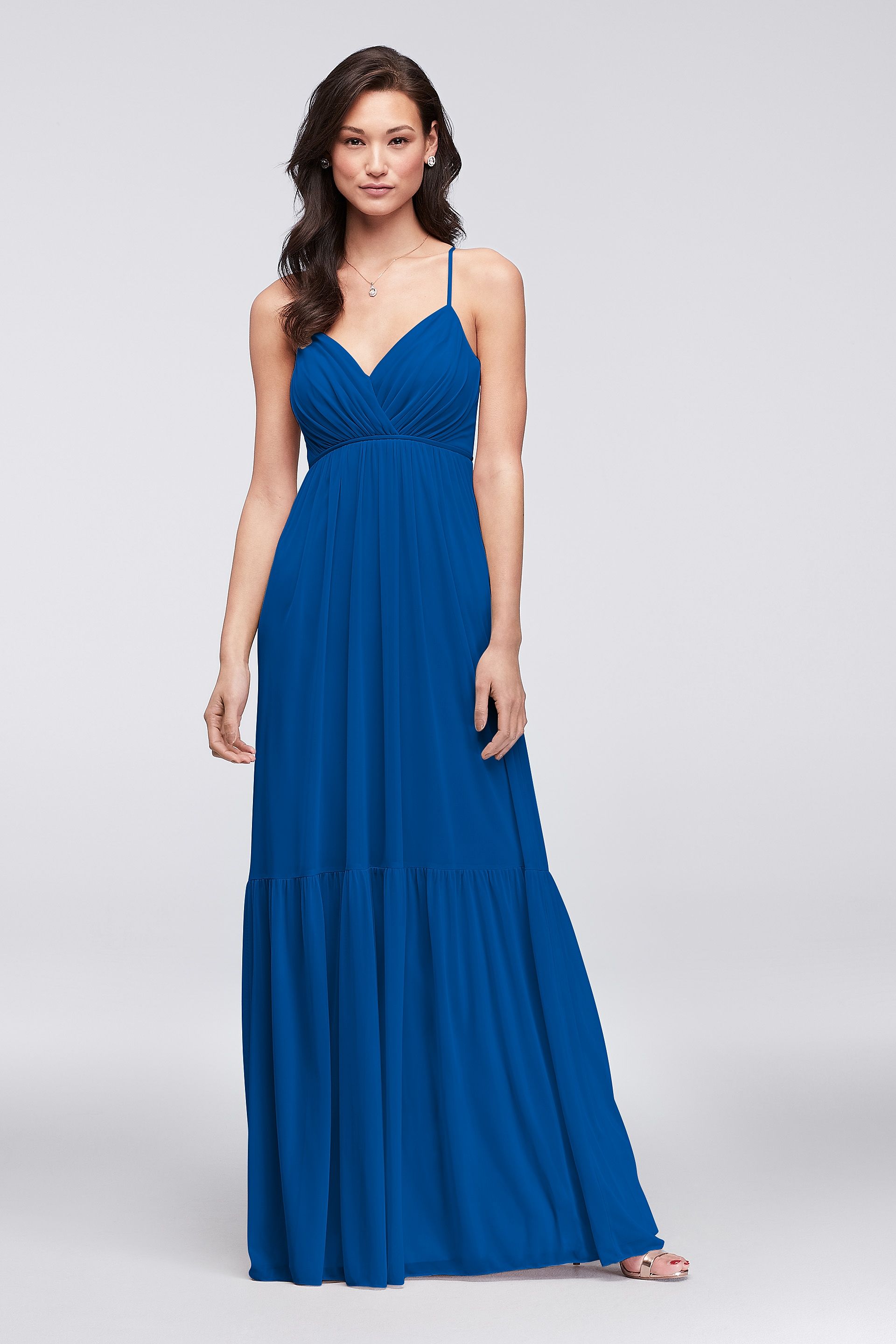 surplice mesh bridesmaid dress with peasant skirt As is High-Neck Mesh Bridesmaid Dress Full Skirt in Steel Blue