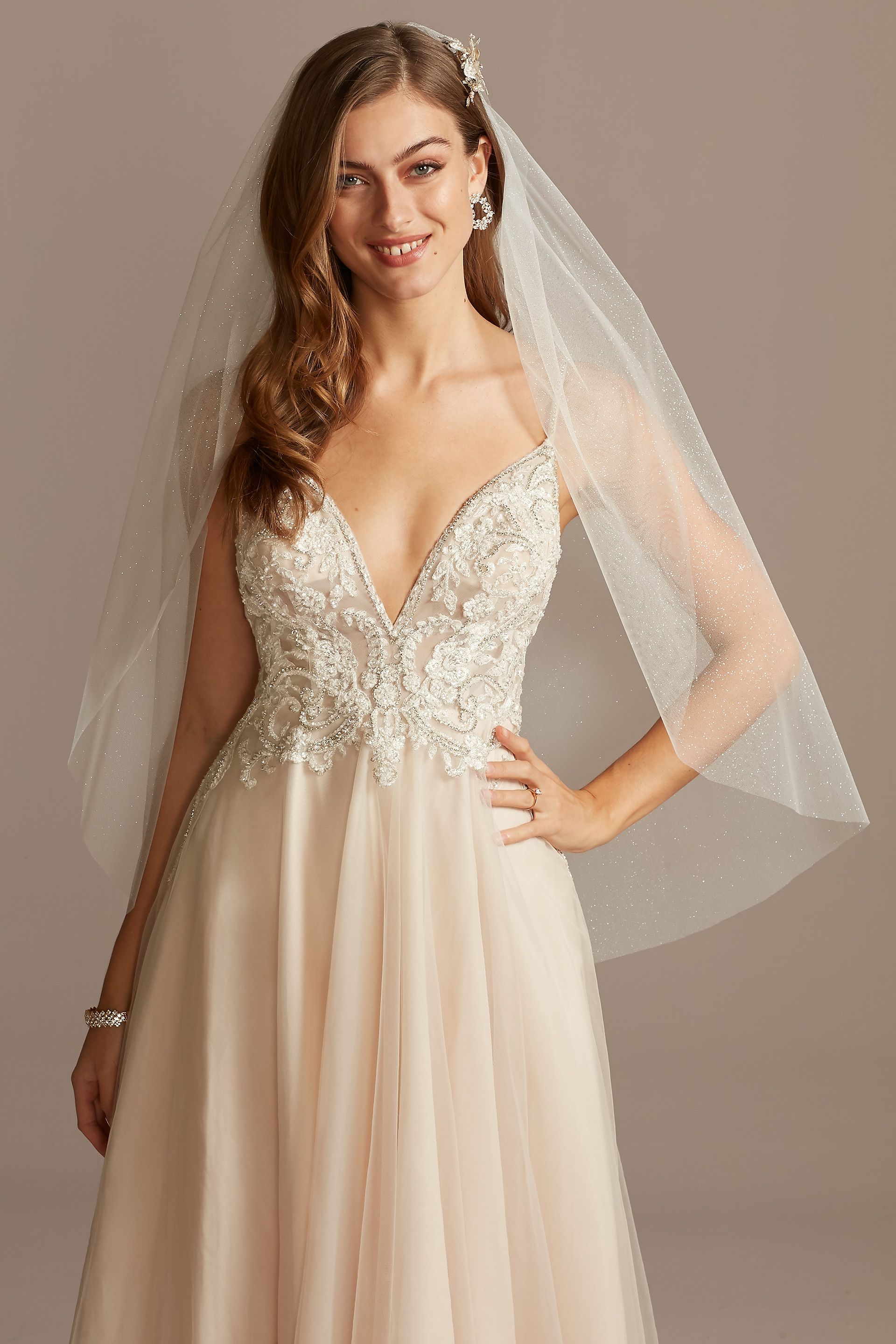 Gathered Tulle Fingertip Veil with Allover Glitter | David's Bridal