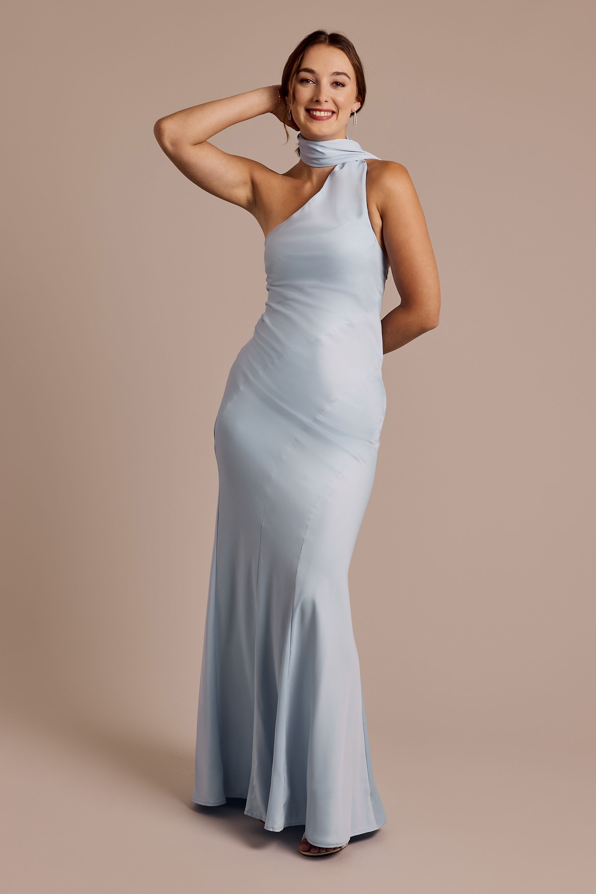 One-Shoulder Satin Scarf Slip Dress | David