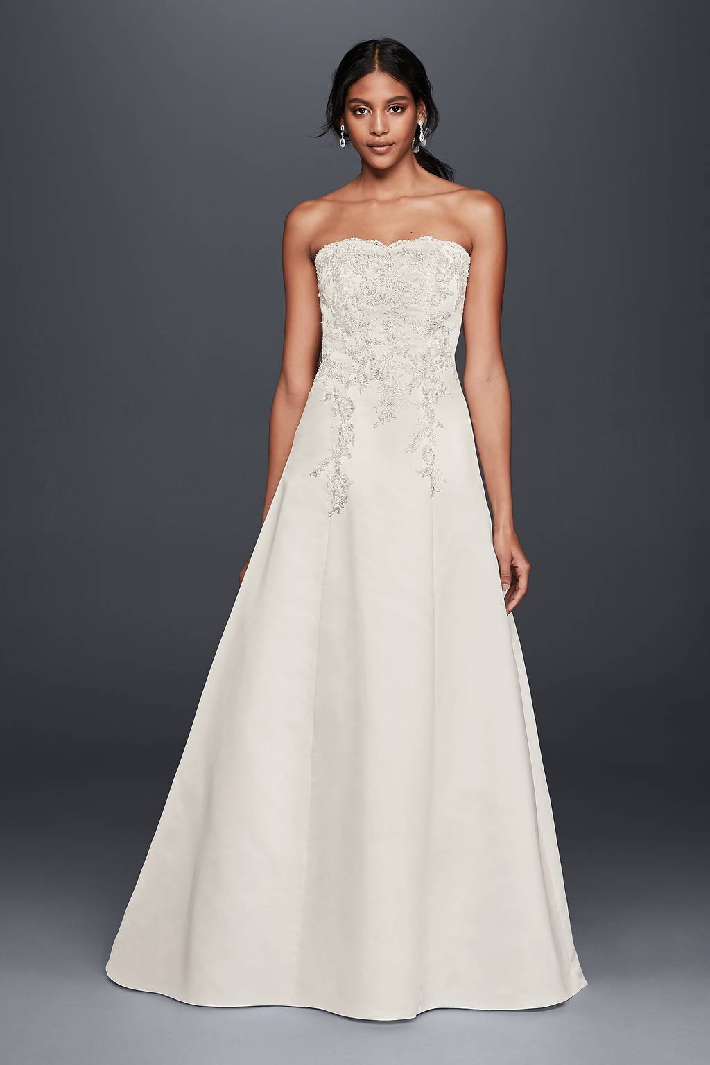 david's bridal a line lace wedding dress Is this what love at first sight looks like? Double tap if you think so  too! Feminine and romantic, this dreamy wedding dress features sequin  floral lace appliques a plunging illusion bodice