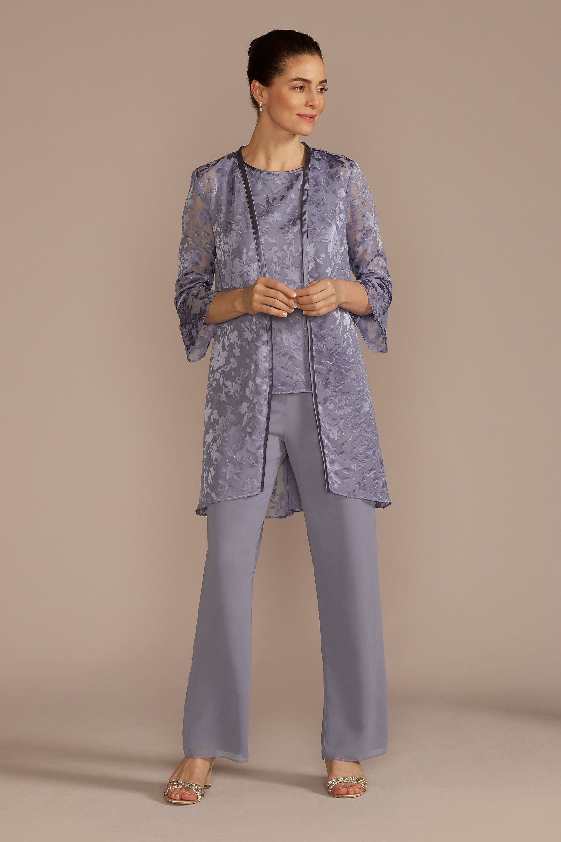 Three-Quarter Sleeve Patterned Chiffon Jumpsuit | David's Bridal