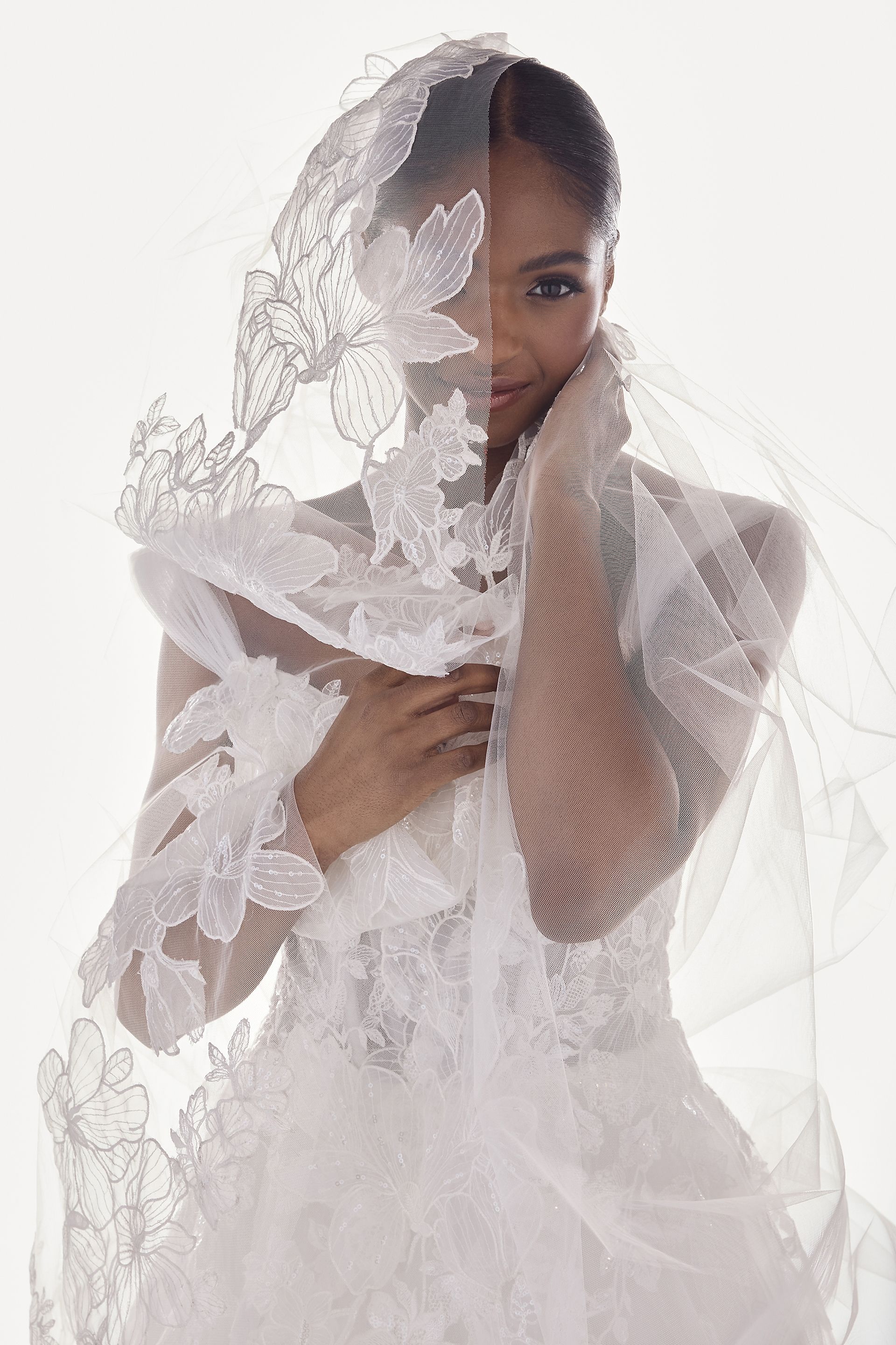 Floral Applique Trim Cathedral Veil | David's Bridal