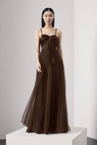 chocolate brown wedding dress Lilly Sweetheart Satin Maxi / Dark | MESHKI This dress features a beautiful crossover halter and a flattering midi length perfect for any special occasion. Brown Bridesmaid Dresses in Chocolate