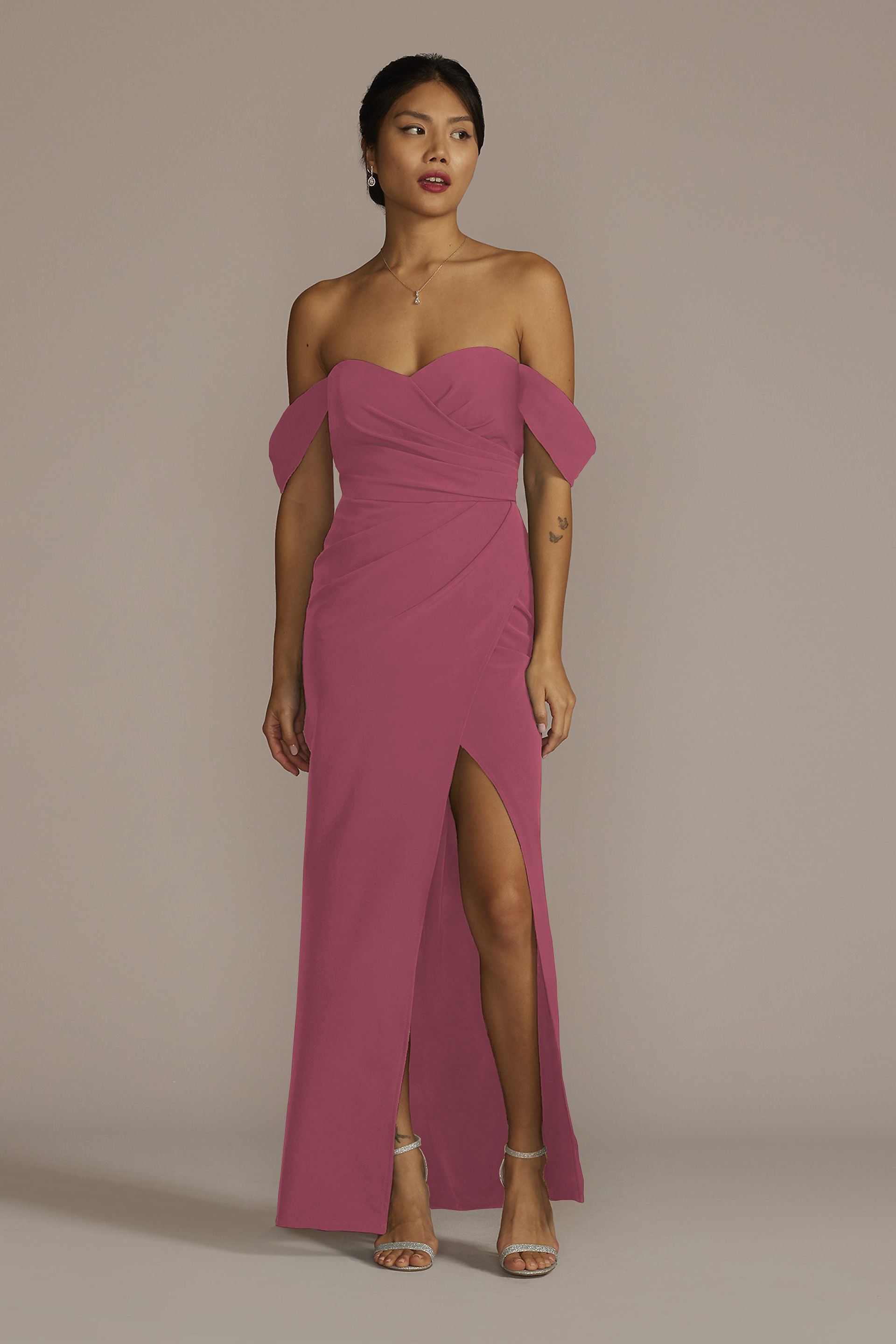 off the shoulder stretch crepe bridesmaid dress Stretch Crepe Off-the-Shoulder Bridesmaid Dress